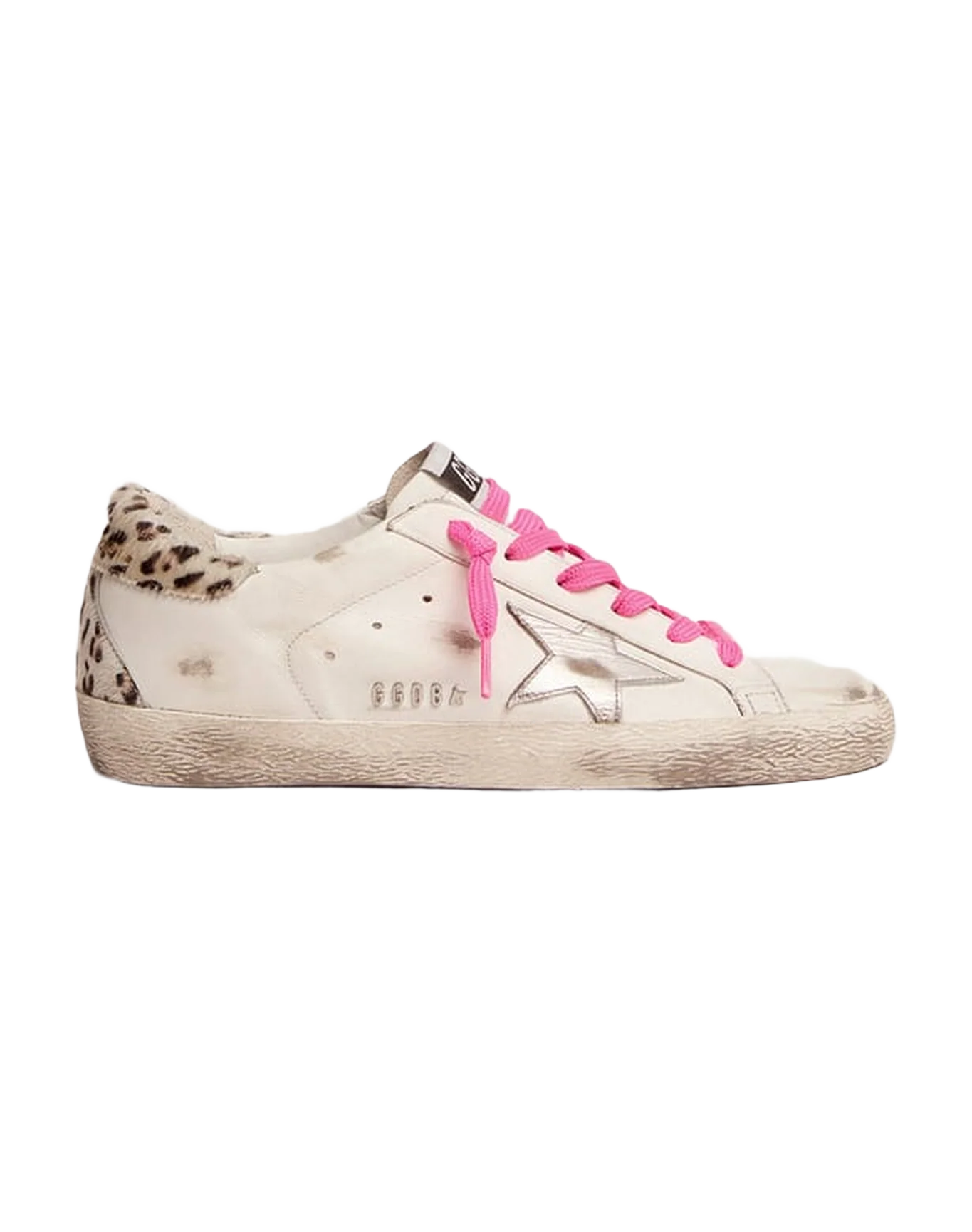 Women | Super-Star with Silver Leather Star & Leo-Print Pony Skin Heel Tab | White x Silver x White Black Cream Leo - Image 2