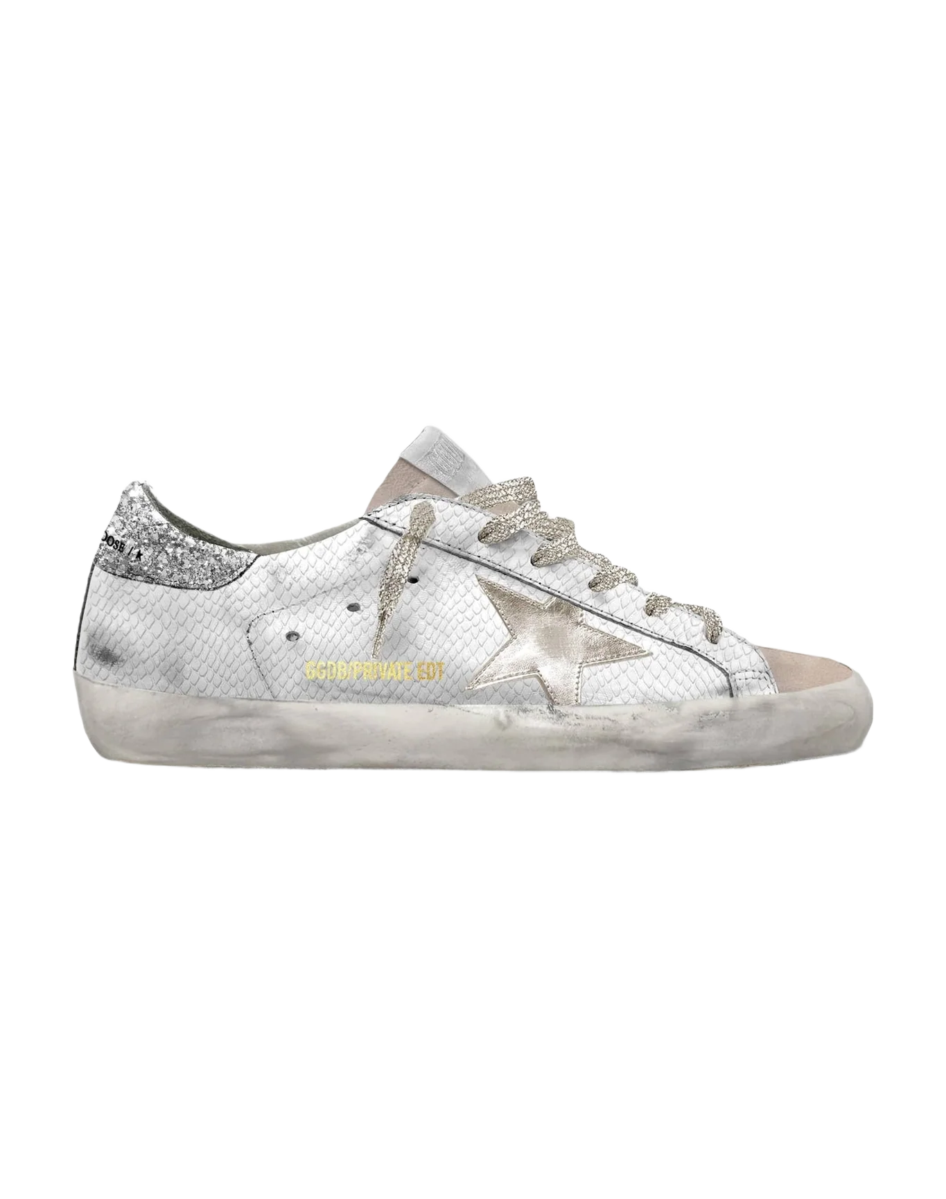 Women | Super-Star with Snake Print Upper & Glitter Heel Tab | White x Nude x Platinum x Silver