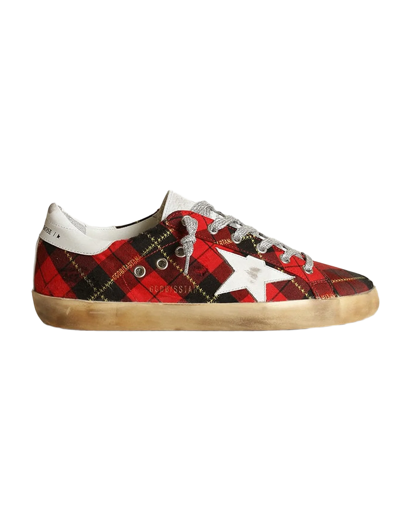 Women | Super-Star Wool with Red Tartan Print & White Leather Star | Red Black x White - Image 2