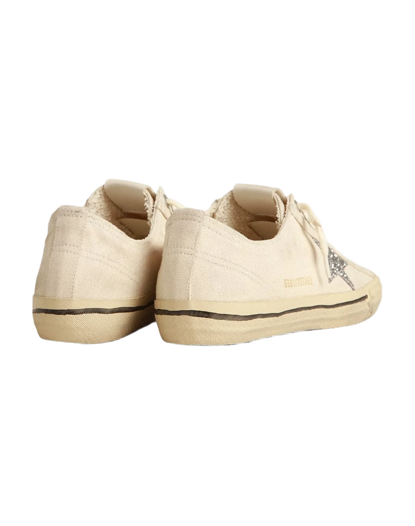 Women | V-Star Beige Canvas with A Silver Glitter Star | Beige x Silver