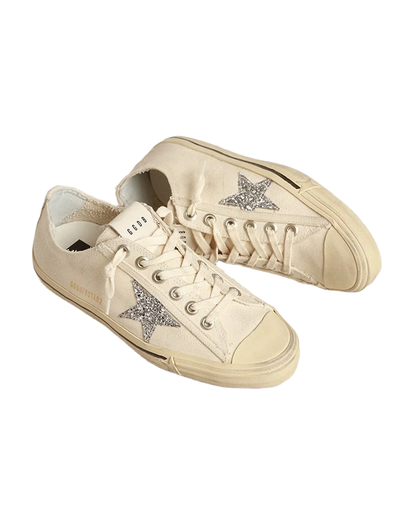 Women | V-Star Beige Canvas with A Silver Glitter Star | Beige x Silver - Image 4