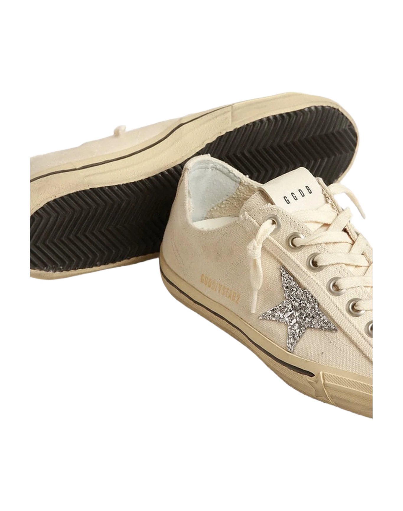 Women | V-Star Beige Canvas with A Silver Glitter Star | Beige x Silver - Image 6