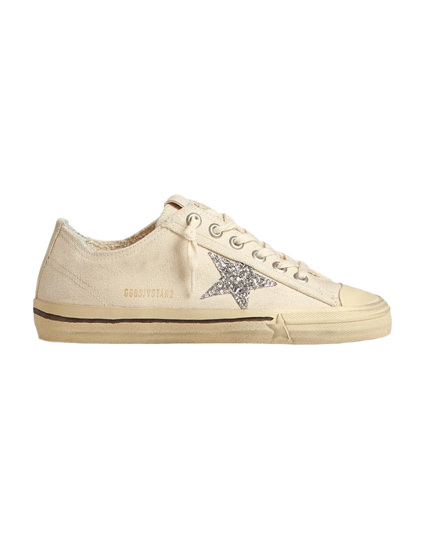 Women | V-Star Beige Canvas with A Silver Glitter Star | Beige x Silver - Image 7