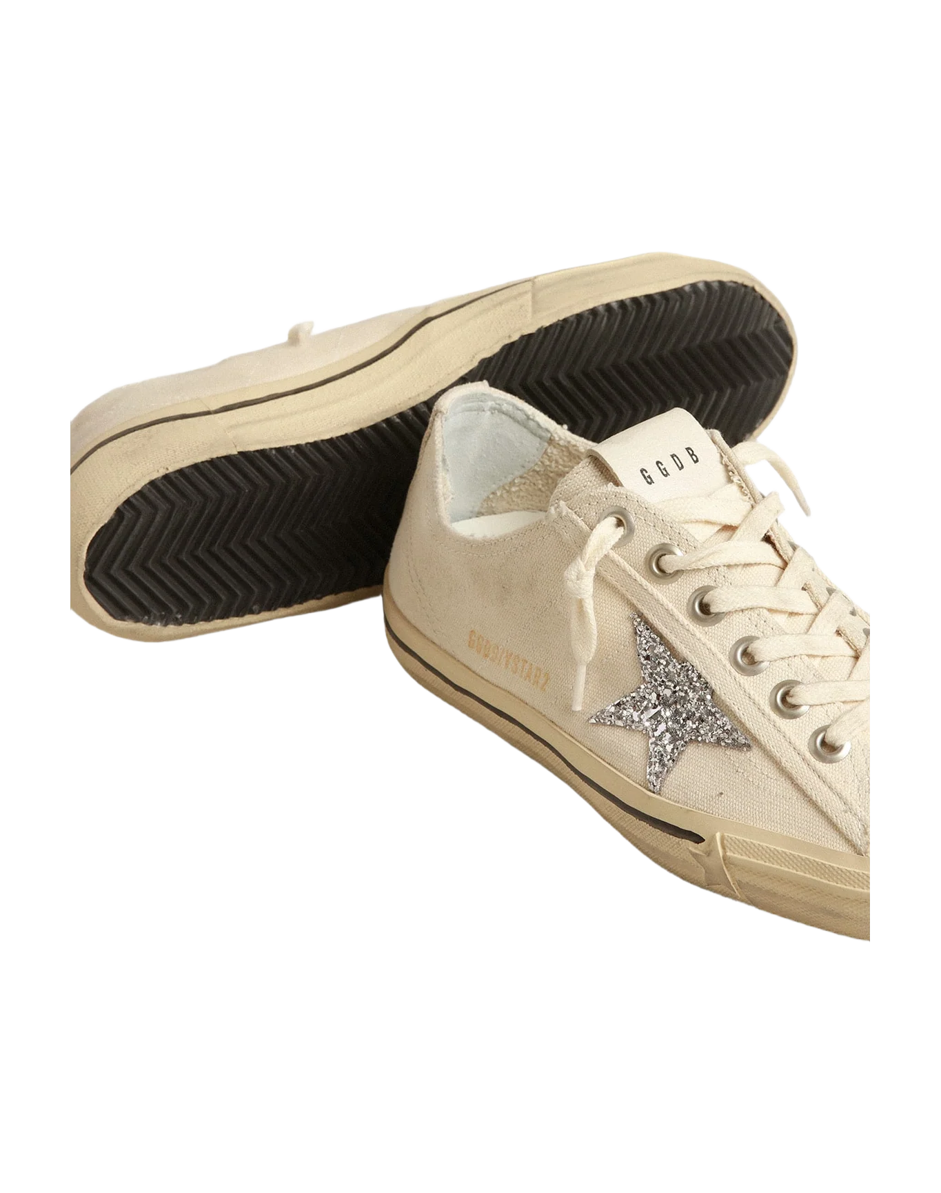 Women | V-Star Beige Canvas with A Silver Glitter Star | Beige x Silver - Image 9