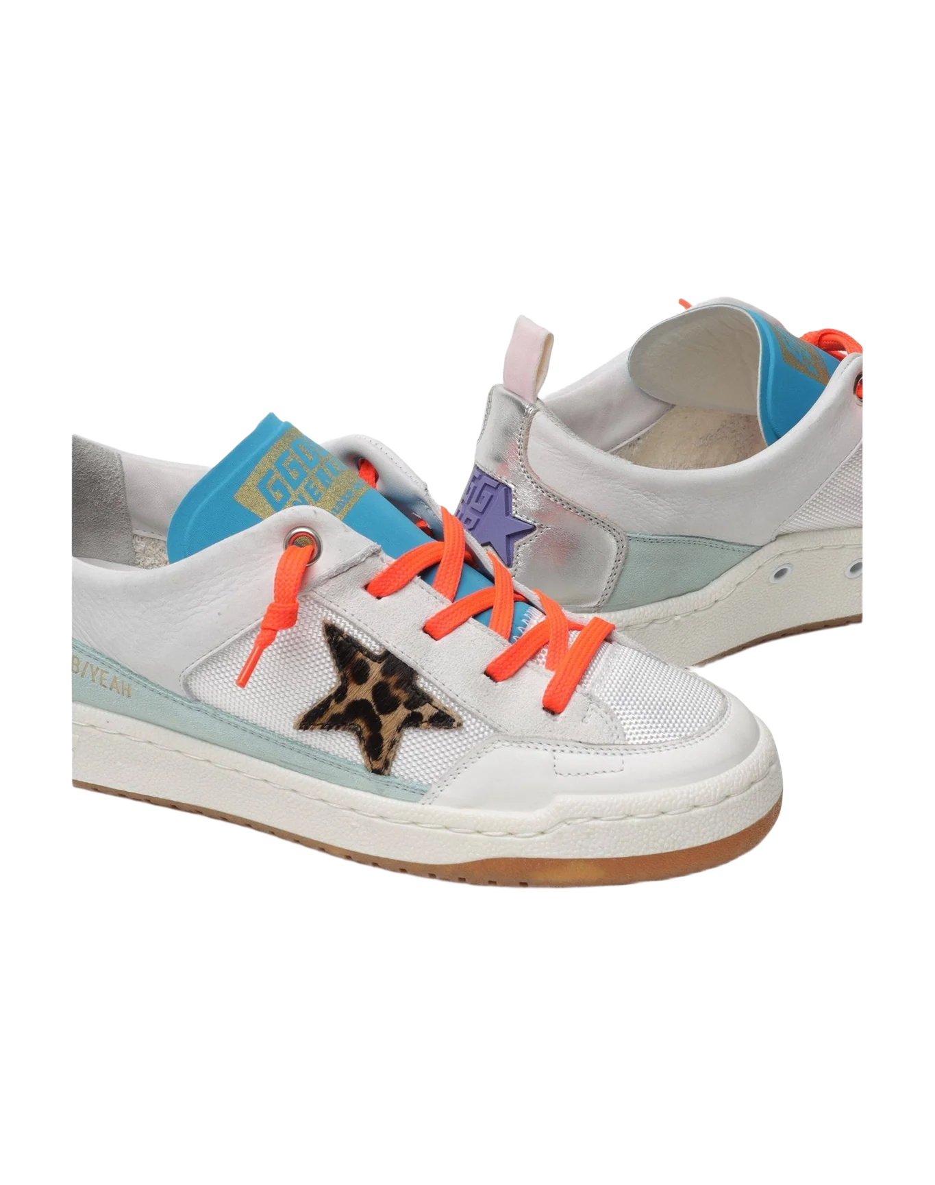 Women | White & Blue Yeah Sneakers with Leopard-Print Star | White x Beige Brown Leo
