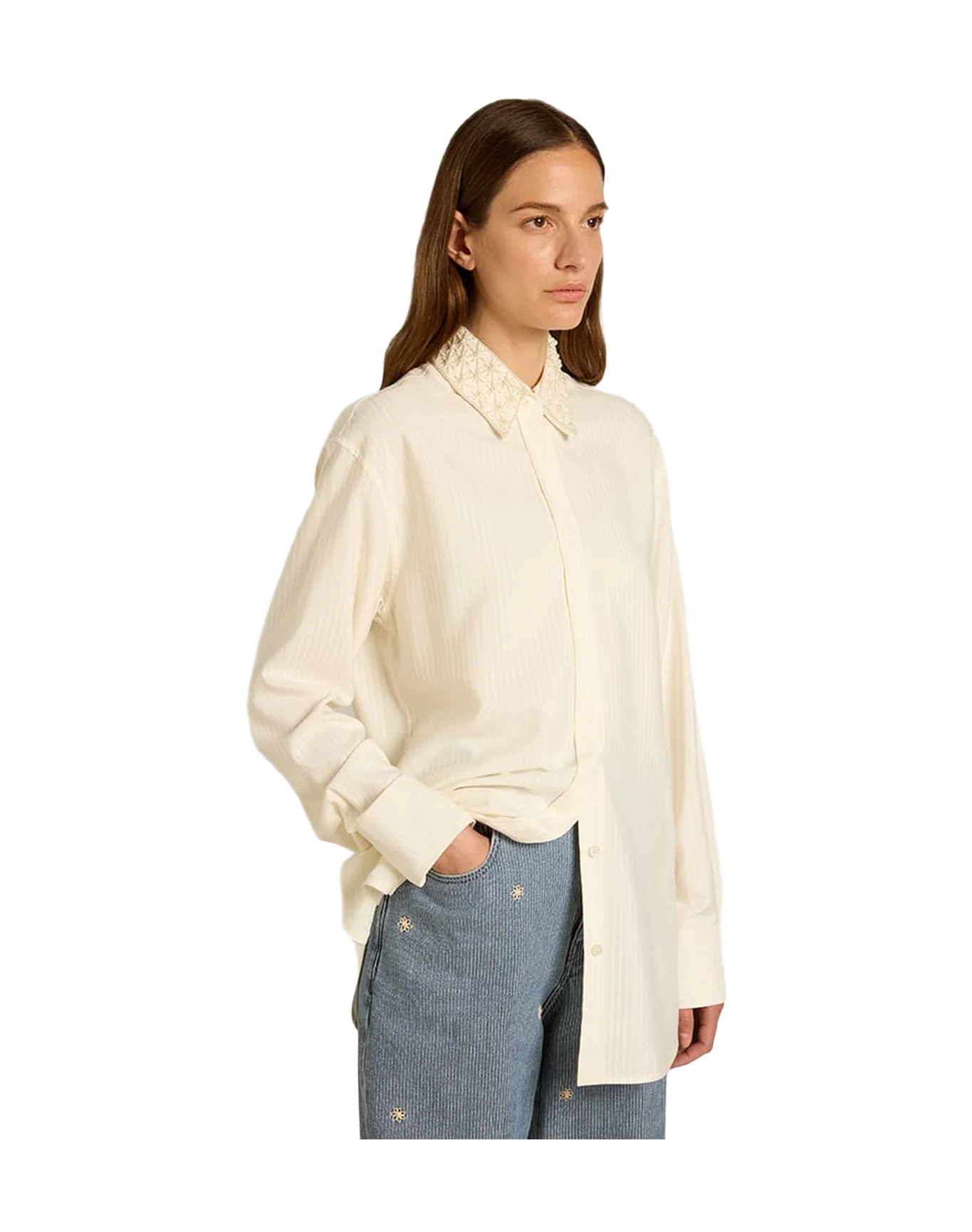 Women | White Shirt with Embroideries On The Collar | Heritage White - Image 3
