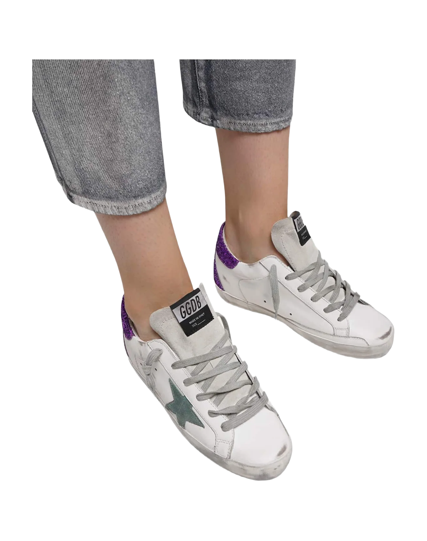 Women | White Super-Star Sneakers with Glittery Purple Rear - Image 8