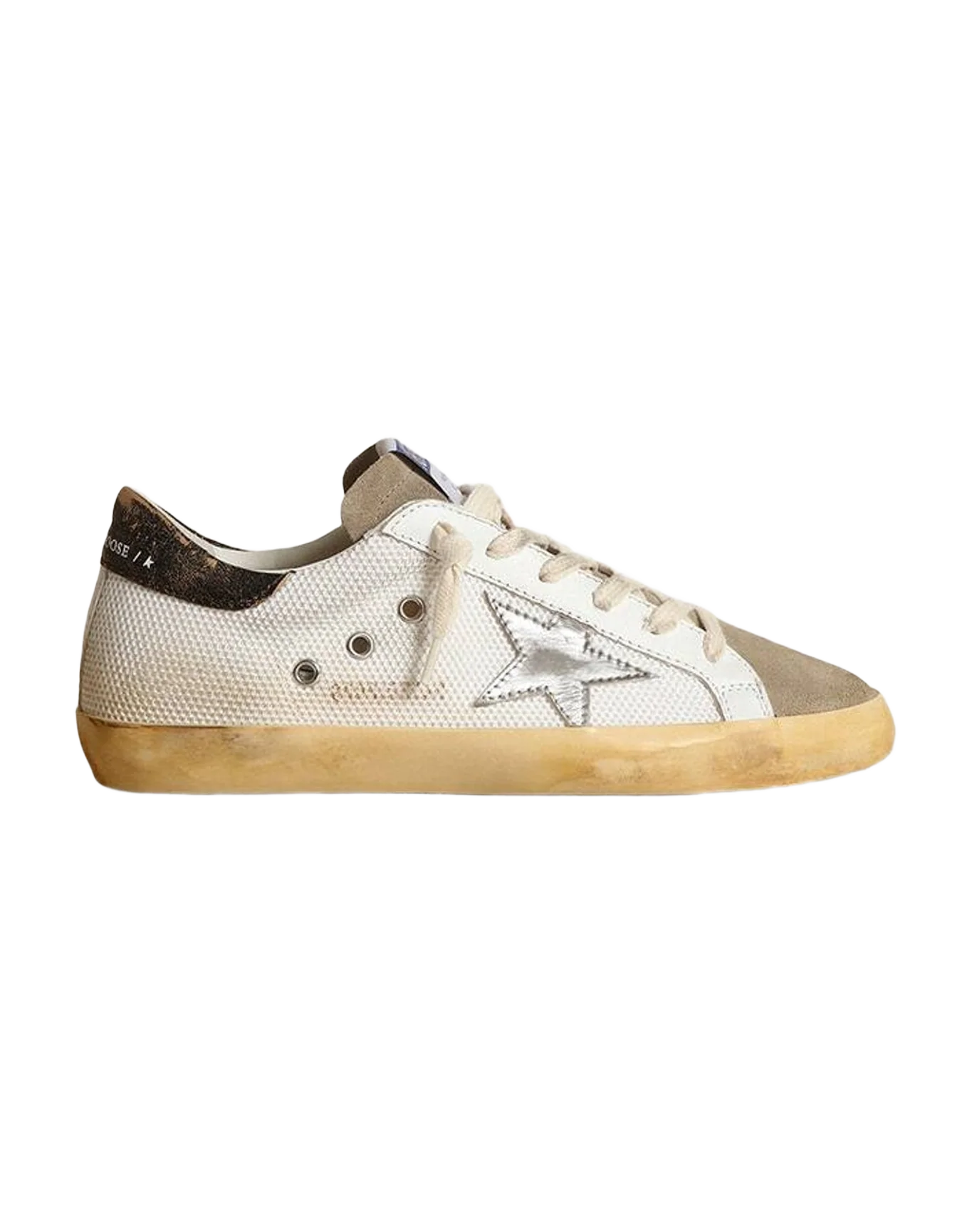 Women | White Super-Star Sneakers with Silver Leather & Black Heel Tab | White x Taupe x Silver x Black