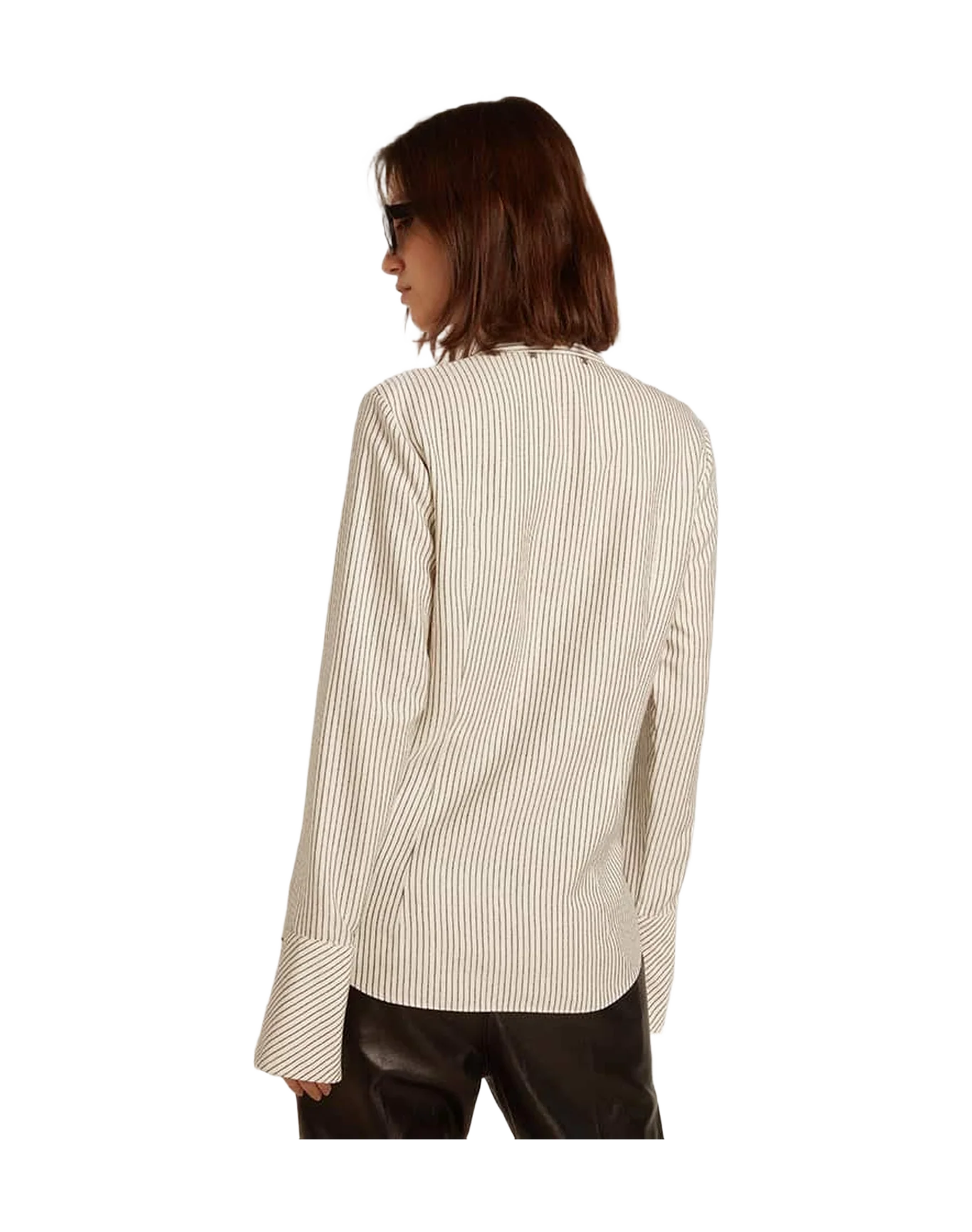 Women | White Viscose Shirt with Narrow Black Stripes | Arctic Wolf x Black - Image 8