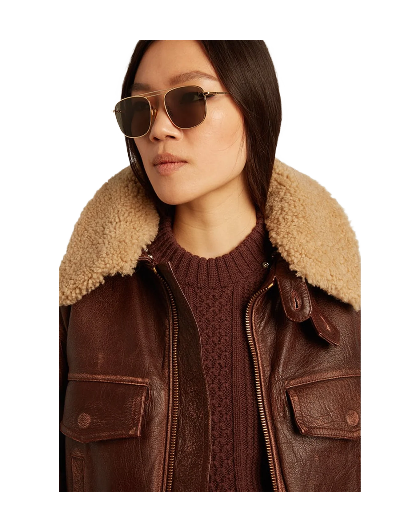 Women | Wood-Colored Jacket with Detachable Shearling Collar | Sassafras - Image 9