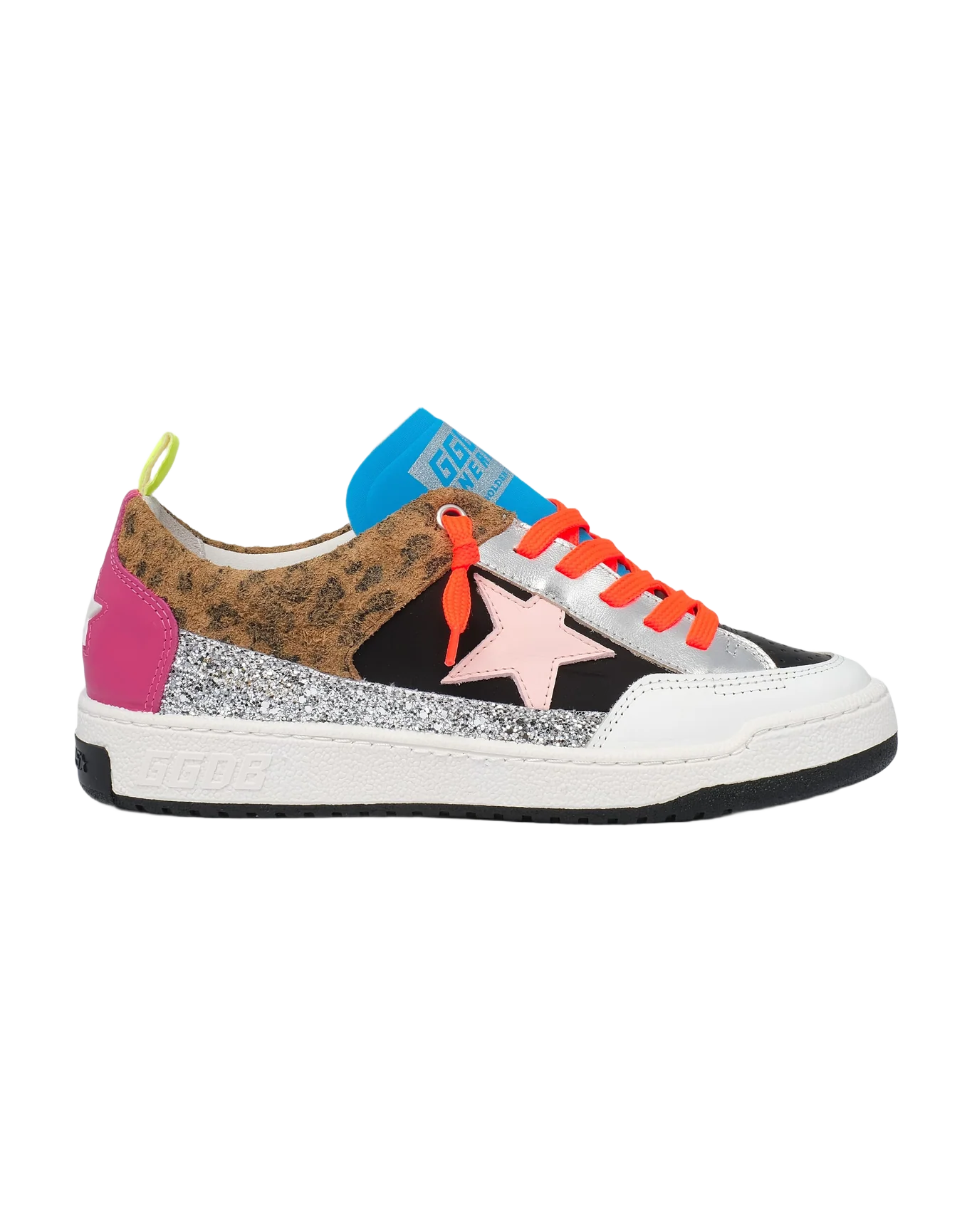 Women | Yeah Sneakers with Silver Glitter, Animal-Print & Colored Leather Patchwork | Black x Beige Brown Leo x White x Rose Quartz x Fuxia - Image 4