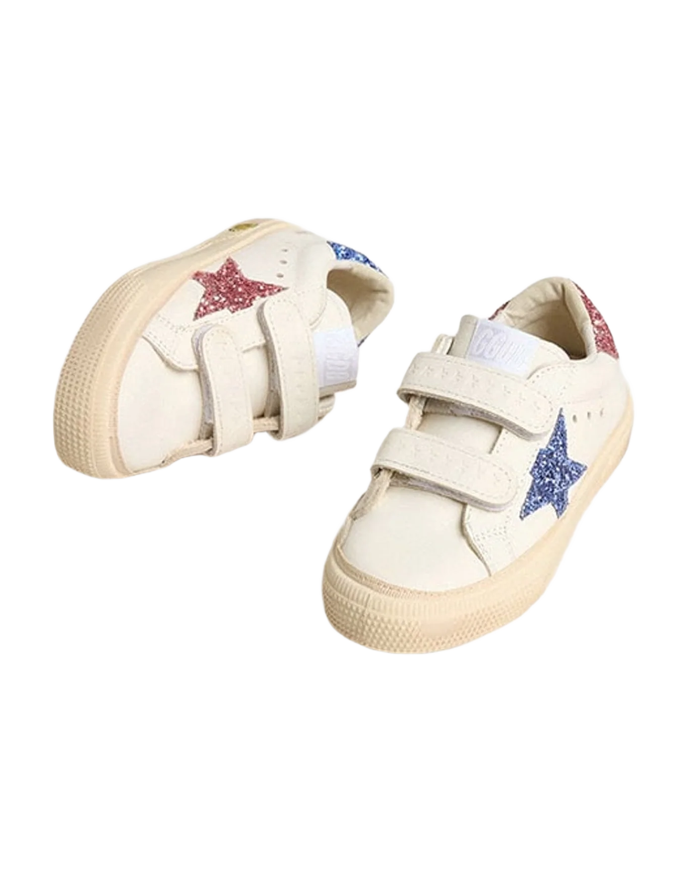 Girl | Junior May School Leather with Glitter Star & Heel Tab | White x Light Blue x Pink (V1)