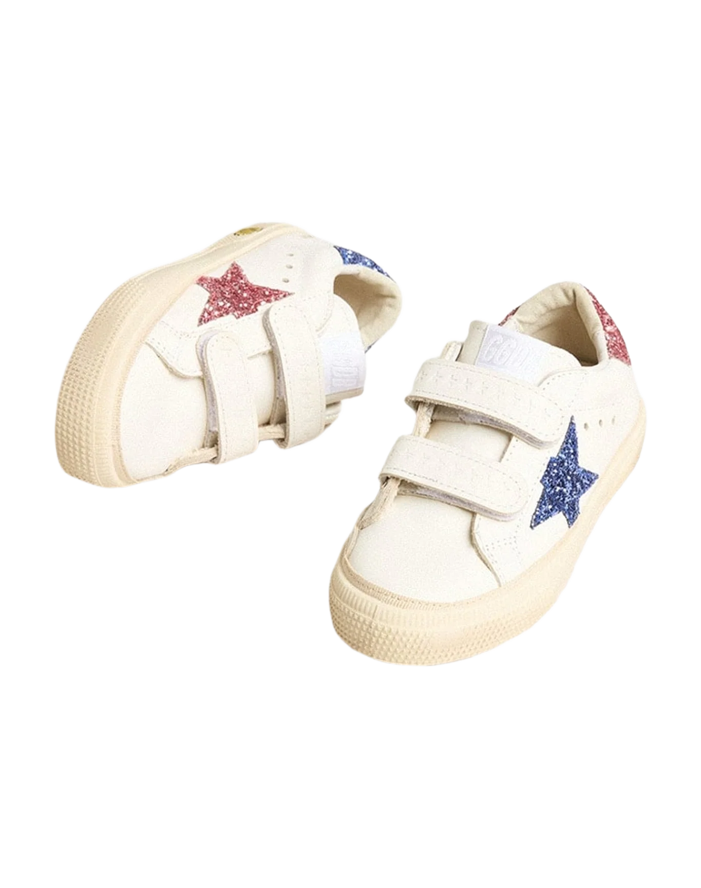 Girl | Junior May School Leather with Glitter Star & Heel Tab | White x Light Blue x Pink (V1) - Image 5