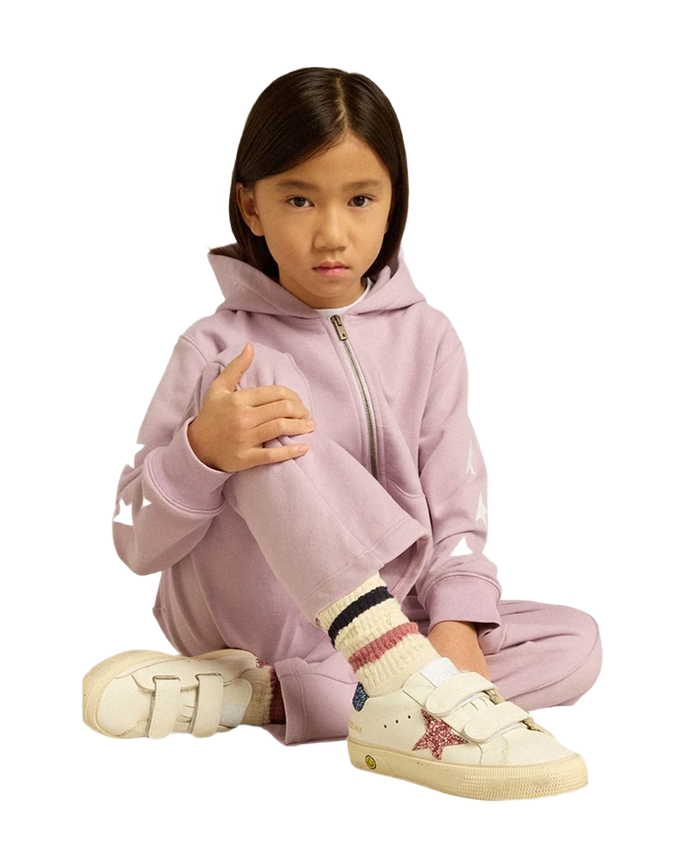 Girl | Junior May School Leather with Glitter Star & Heel Tab | White x Light Blue x Pink (V1) - Image 8