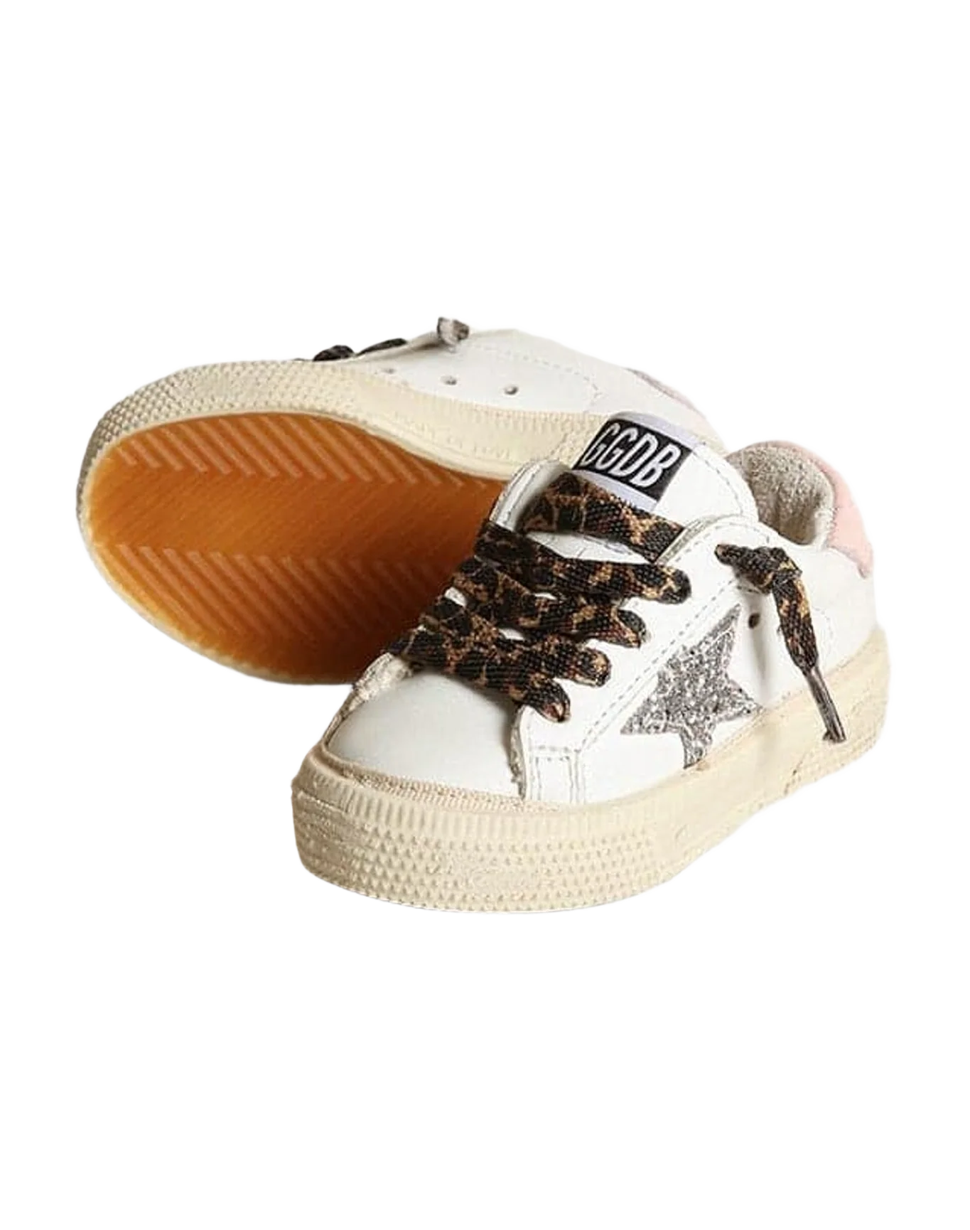 Girl | May Sneakers with Glitter Star & Pink Leather Heel Tab | White x Silver x Rose Quartz (V2)