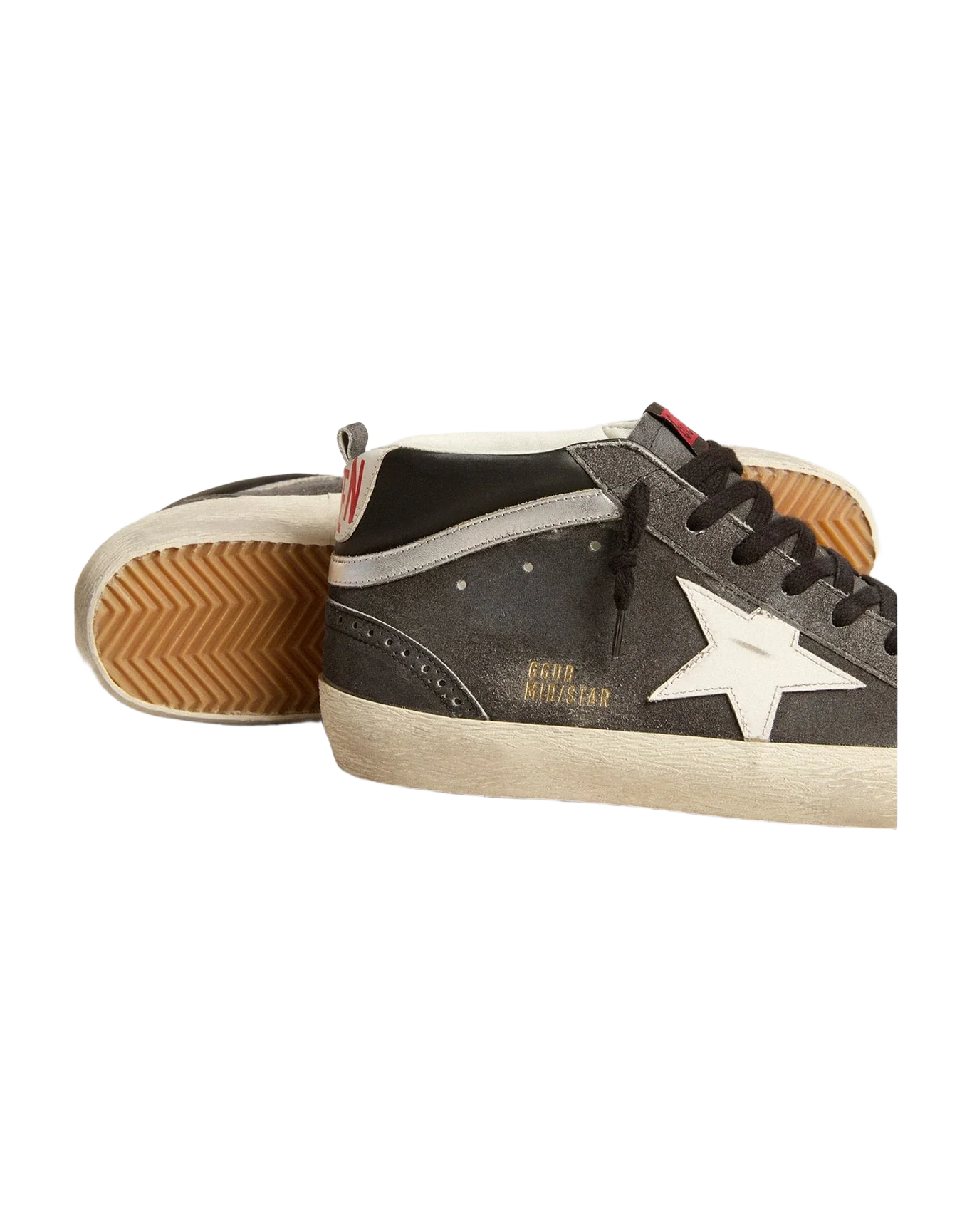 Men | Mid Star Suede with Leather Star & Silver Flash | Black x White x Black (V2) - Image 7
