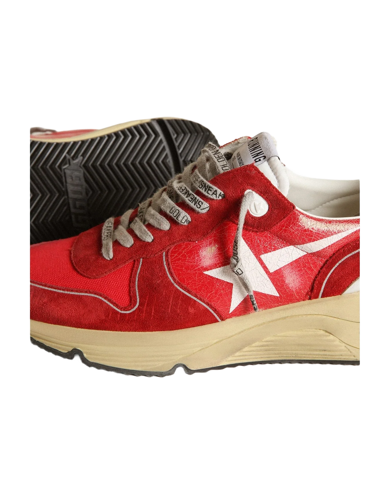 Men | Running Sole Sneakers Crackle Leather with Suede Inserts & Screen Printed Star | Red x White x Silver (V1)