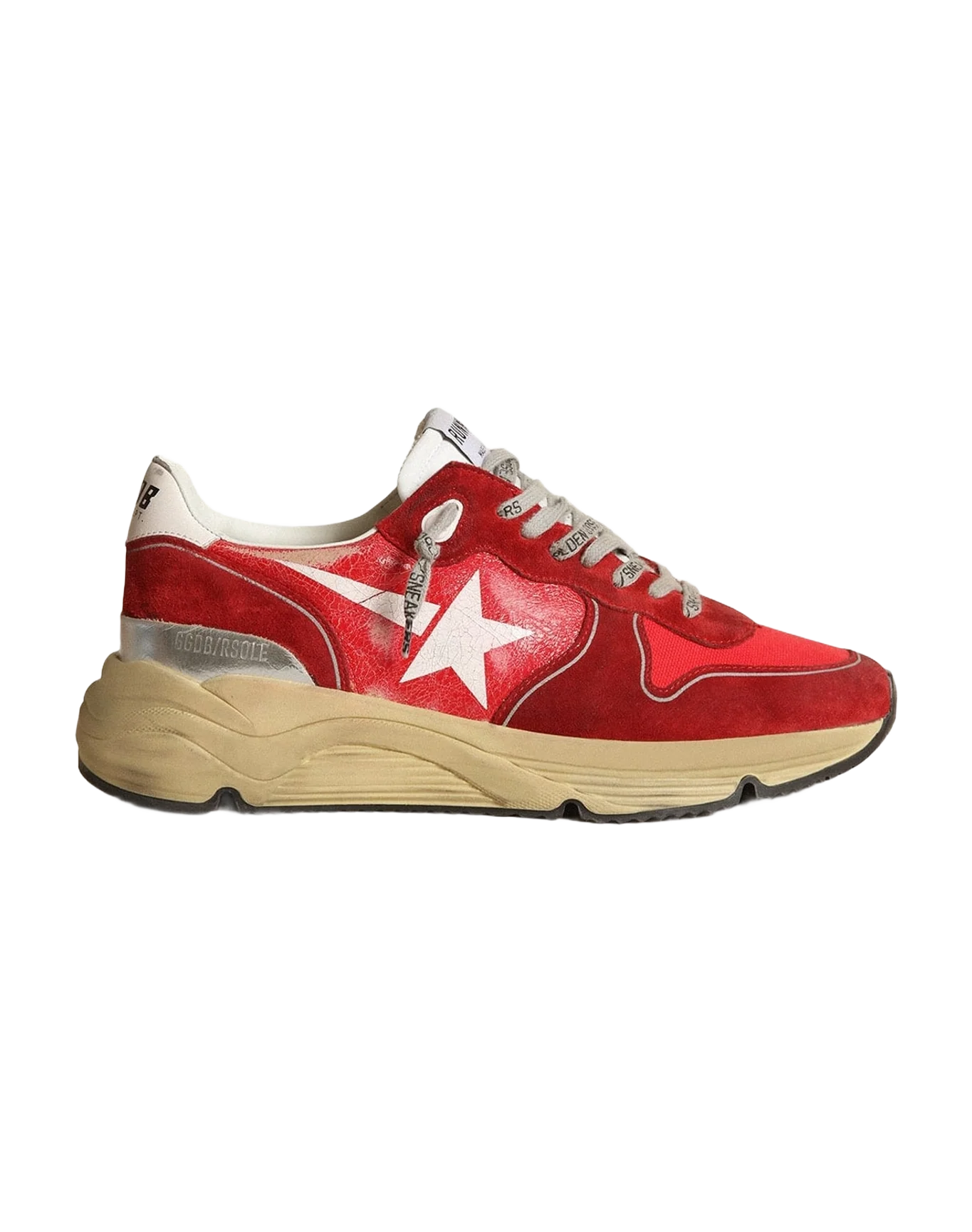 Men | Running Sole Sneakers Crackle Leather with Suede Inserts & Screen Printed Star | Red x White x Silver (V1) - Image 5