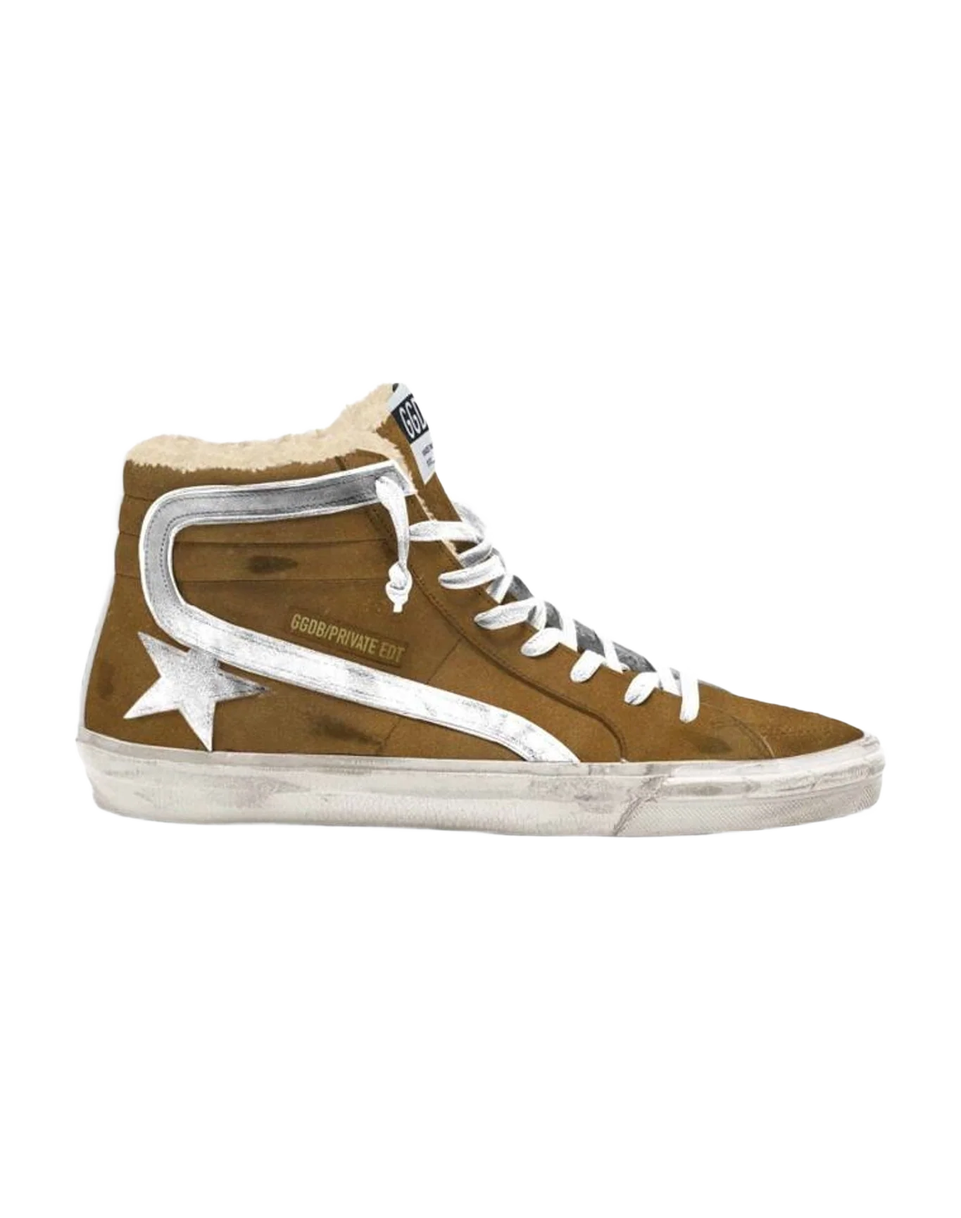 Women | Brown Suede Slide with Laminated Star & Shearling Interior | Cognac x Silver x White x Beige (V1)