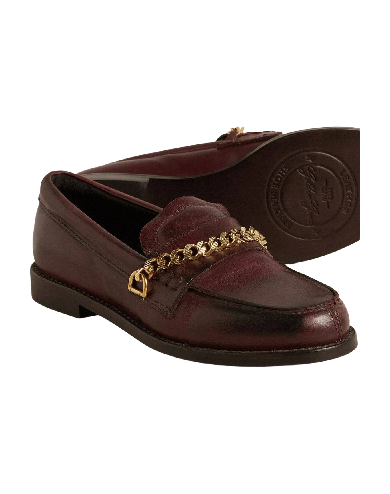 Women | Burgundy Leather Loafers with Gold Chain | Bordeaux (V2) - Image 4