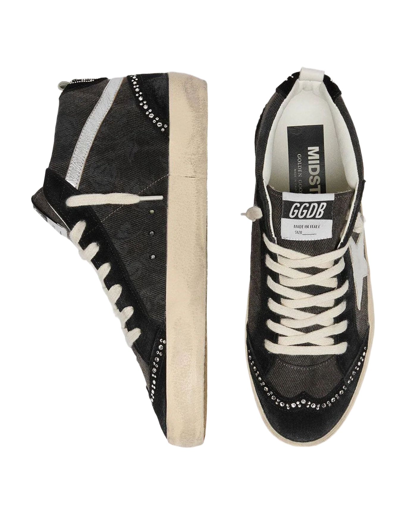 Women | Mid Star Ltd Denim with Suede Inserts with Swarovski Crystals | Black x Silver x White (V2) - Image 2