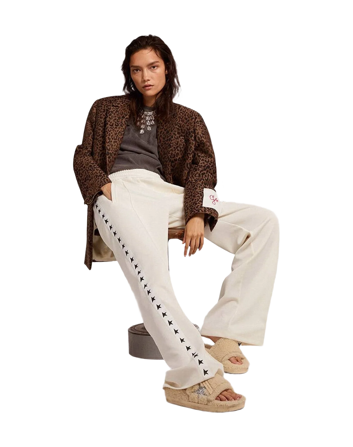 Women | Poolstar Shearling with Glitter Star | Beige x Silver (V2) - Image 6