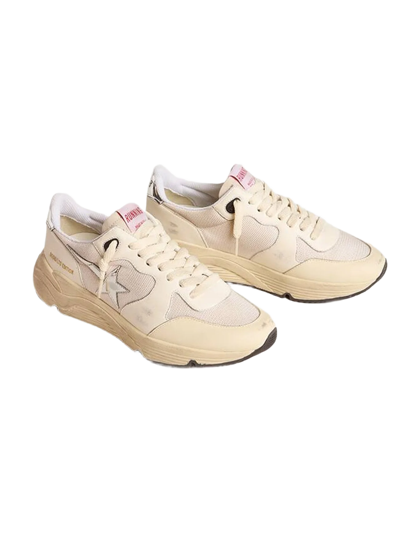 Women | Running Sole Ltd Mesh & Nappa with Metallic Leather Star & Heel Tab | Optic White x Cream x Sand x Silver (V1)