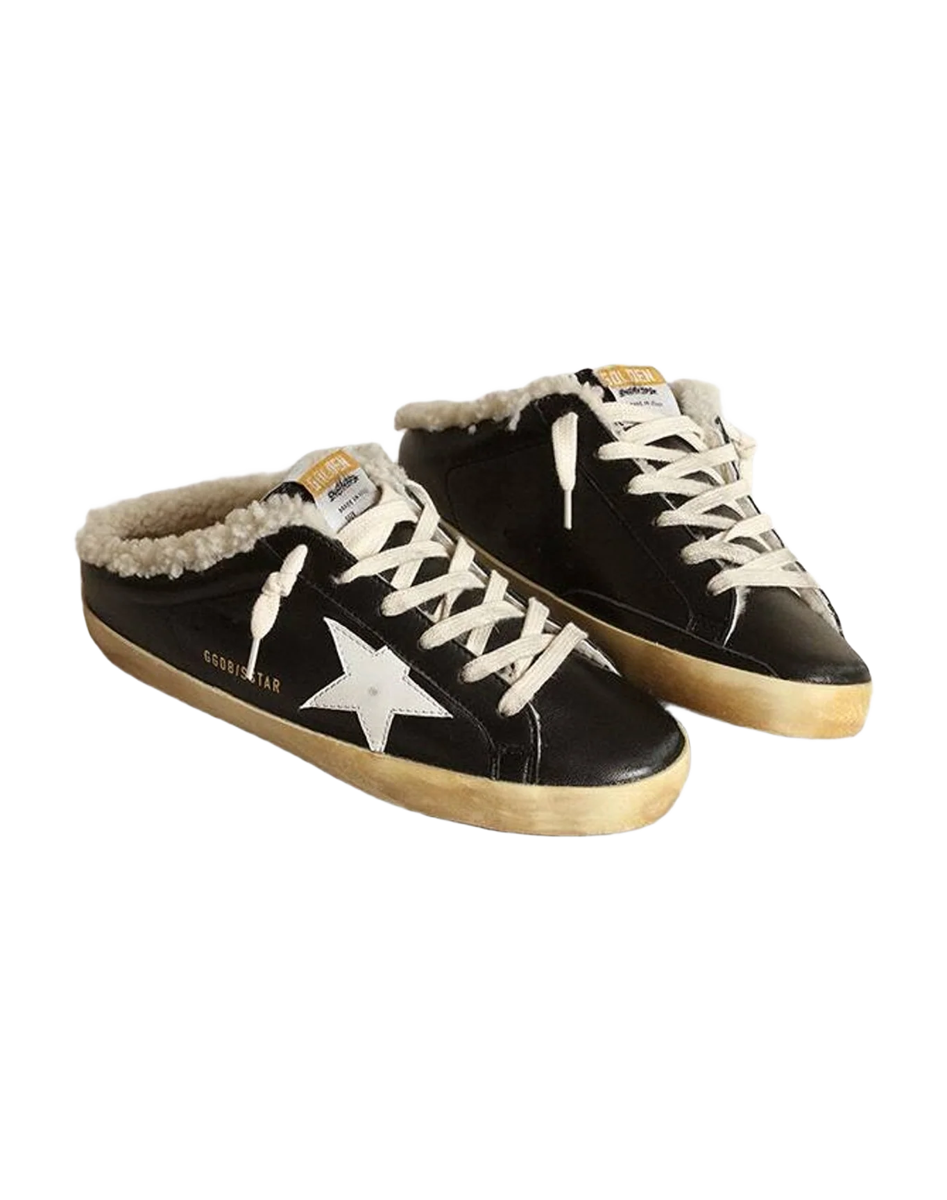 Women | Super-Star Sabots Nappa Leather with Leather Star & Shearling Lining | Black x White x Beige (V1) - Image 3