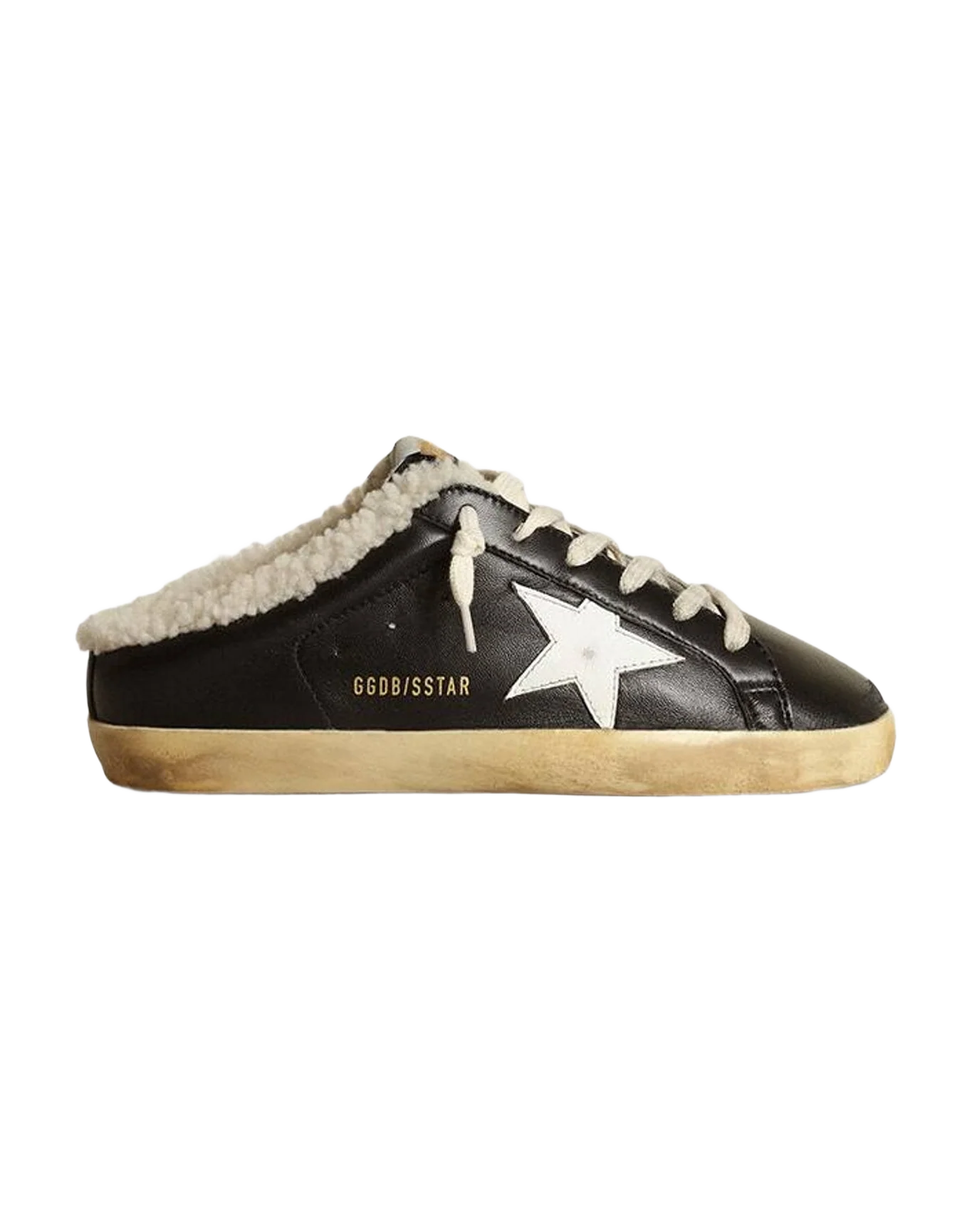Women | Super-Star Sabots Nappa Leather with Leather Star & Shearling Lining | Black x White x Beige (V1) - Image 4