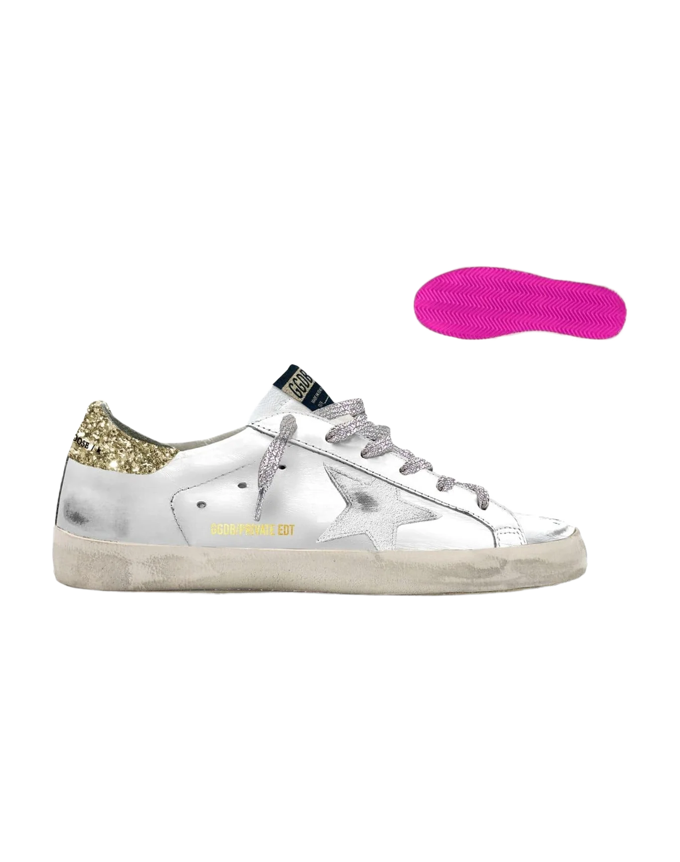 Women | Super-Star Sneakers Leather with Silver Star & Glitter Heel Tab | White x Gold (V2)