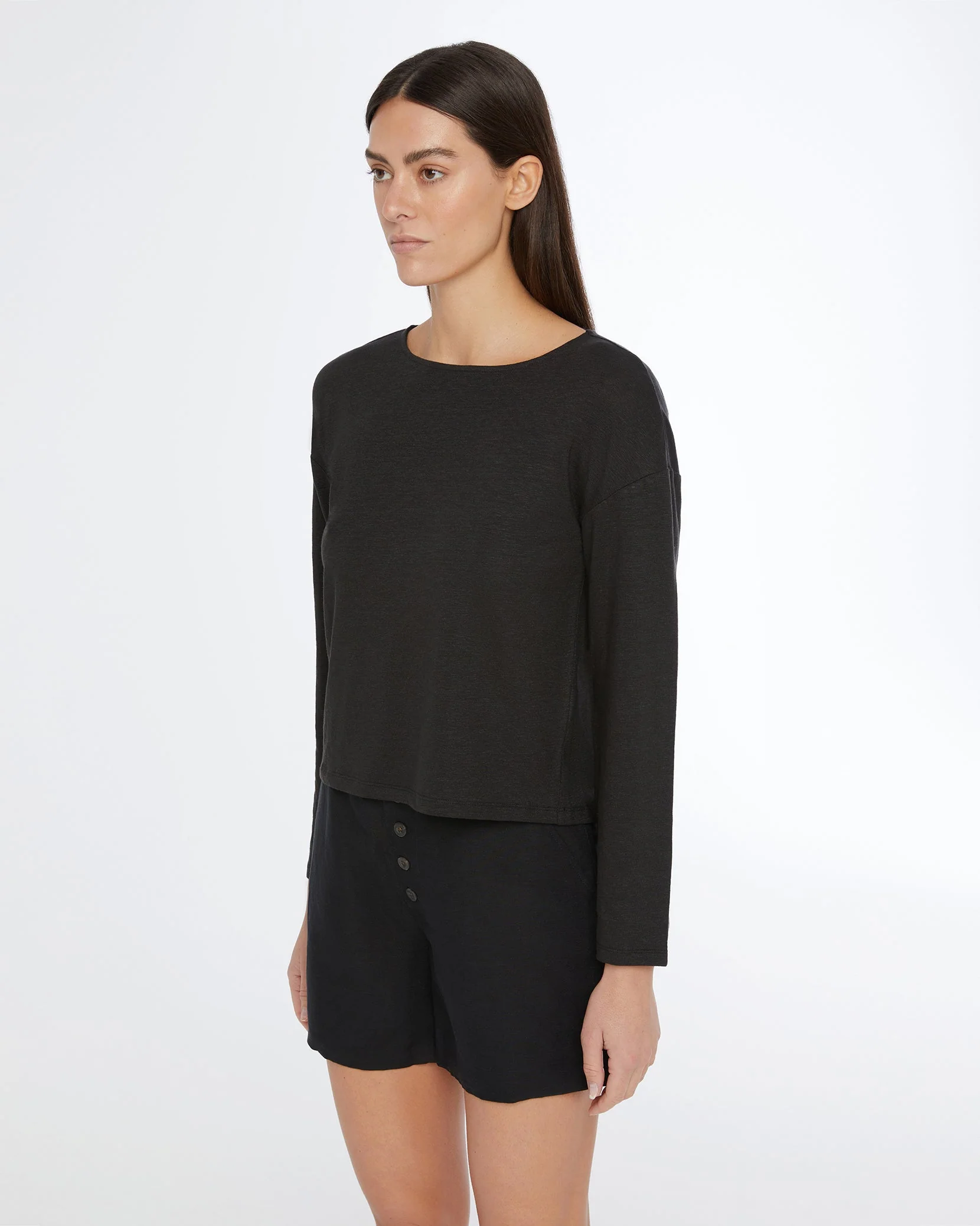 Womens | Linen Jersey Boatneck Top | Black