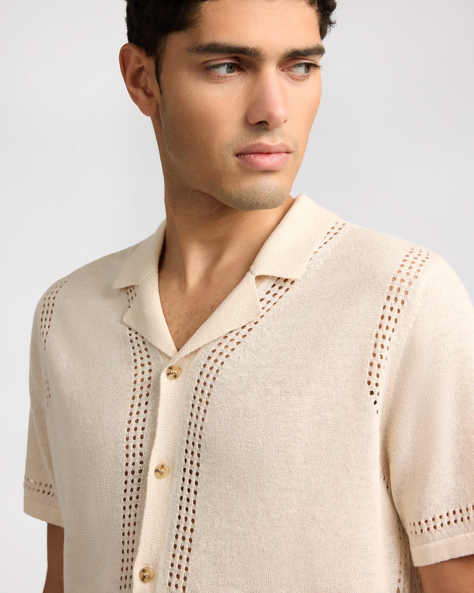 Mens | Linen Knit Camp Shirt | Natural Melange - Image 3