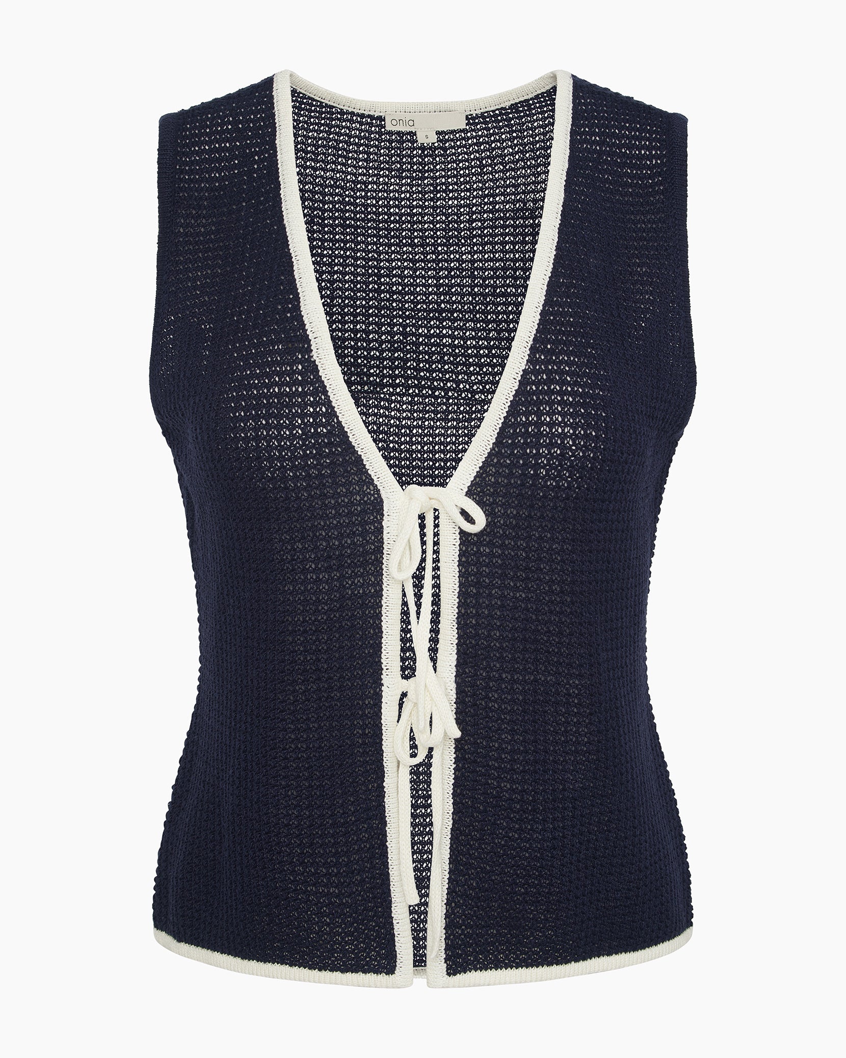 Womens | Linen Knit Tie Front Tank Top | Noir Navy/Egret - Image 3