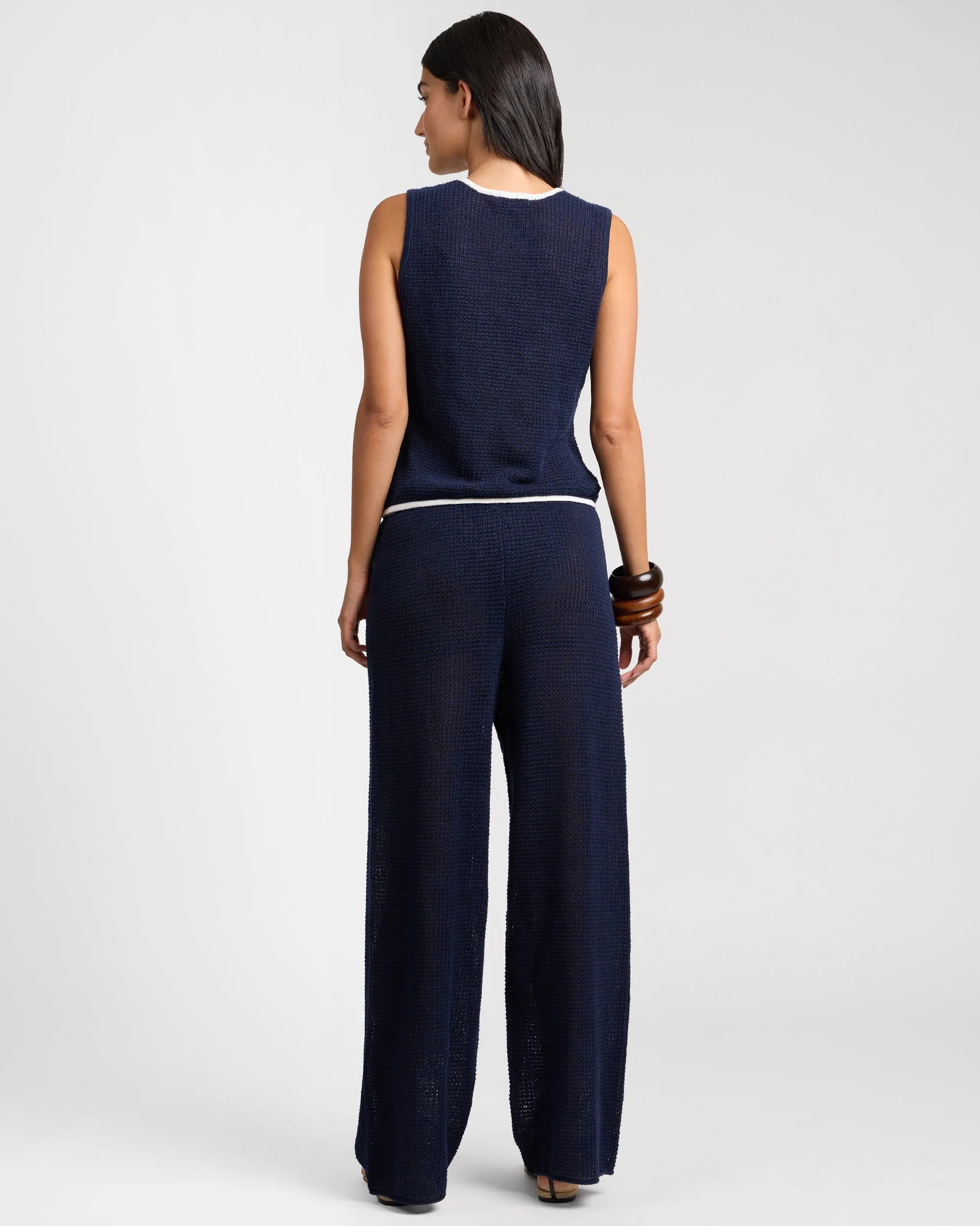 Womens | Linen Knit Tie Front Tank Top | Noir Navy/Egret - Image 7