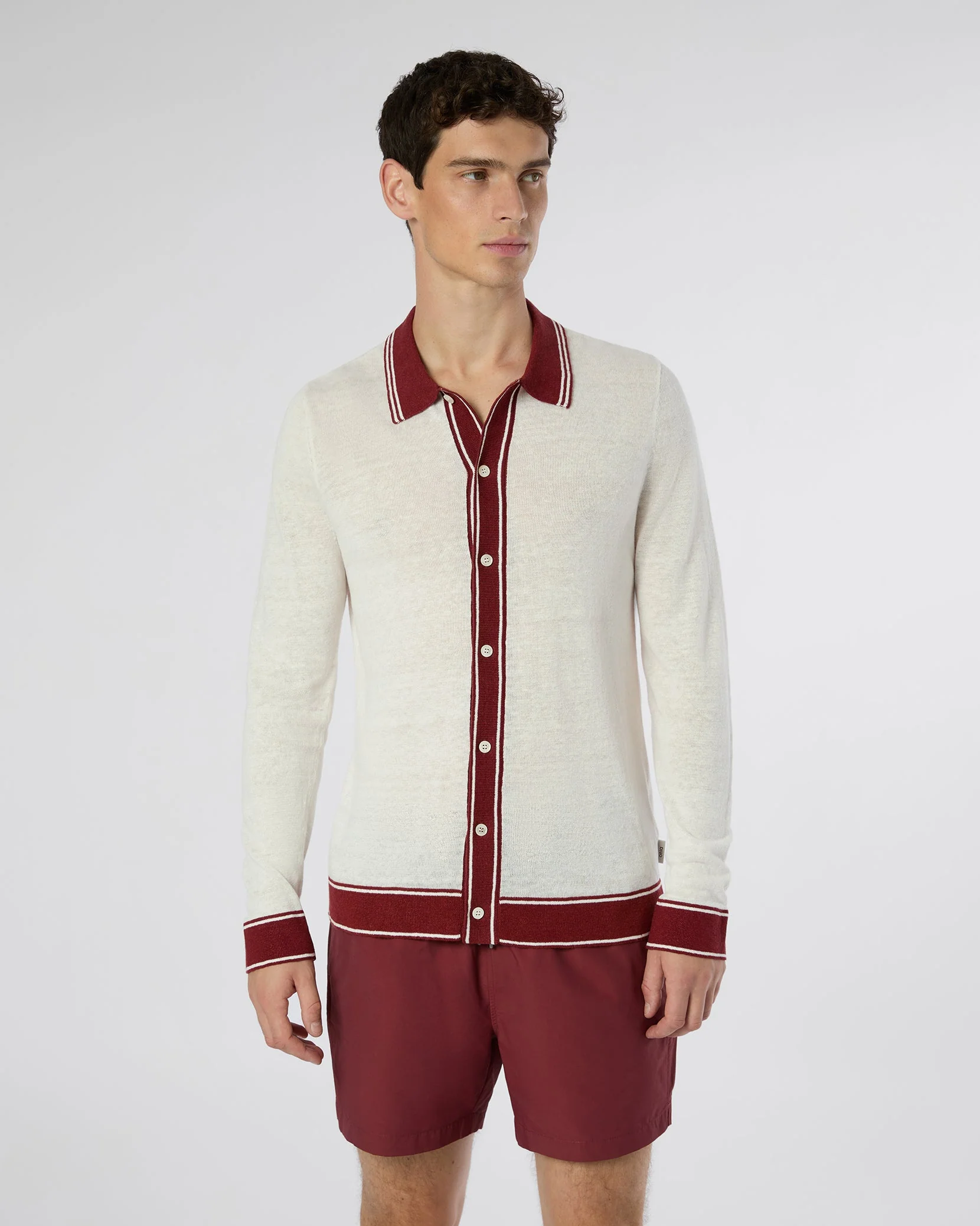 Mens | Linen Long Sleeve Sweater Polo | Salt/Brick