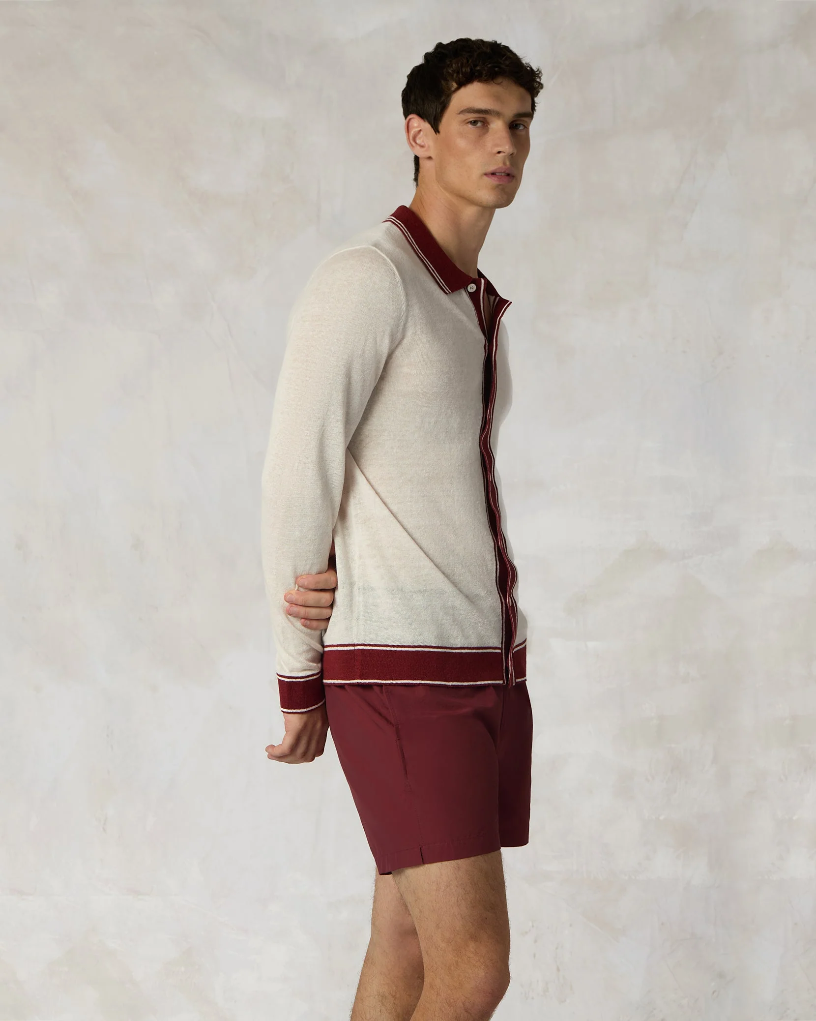 Mens | Linen Long Sleeve Sweater Polo | Salt/Brick - Image 3