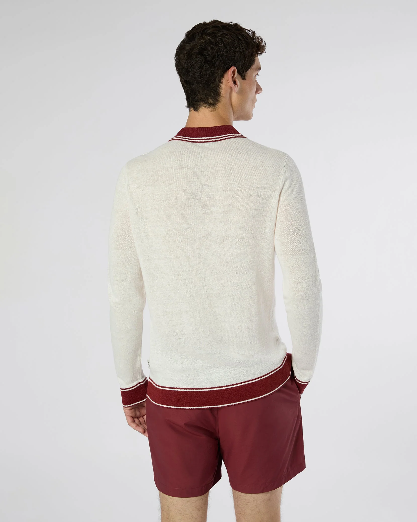 Mens | Linen Long Sleeve Sweater Polo | Salt/Brick - Image 6