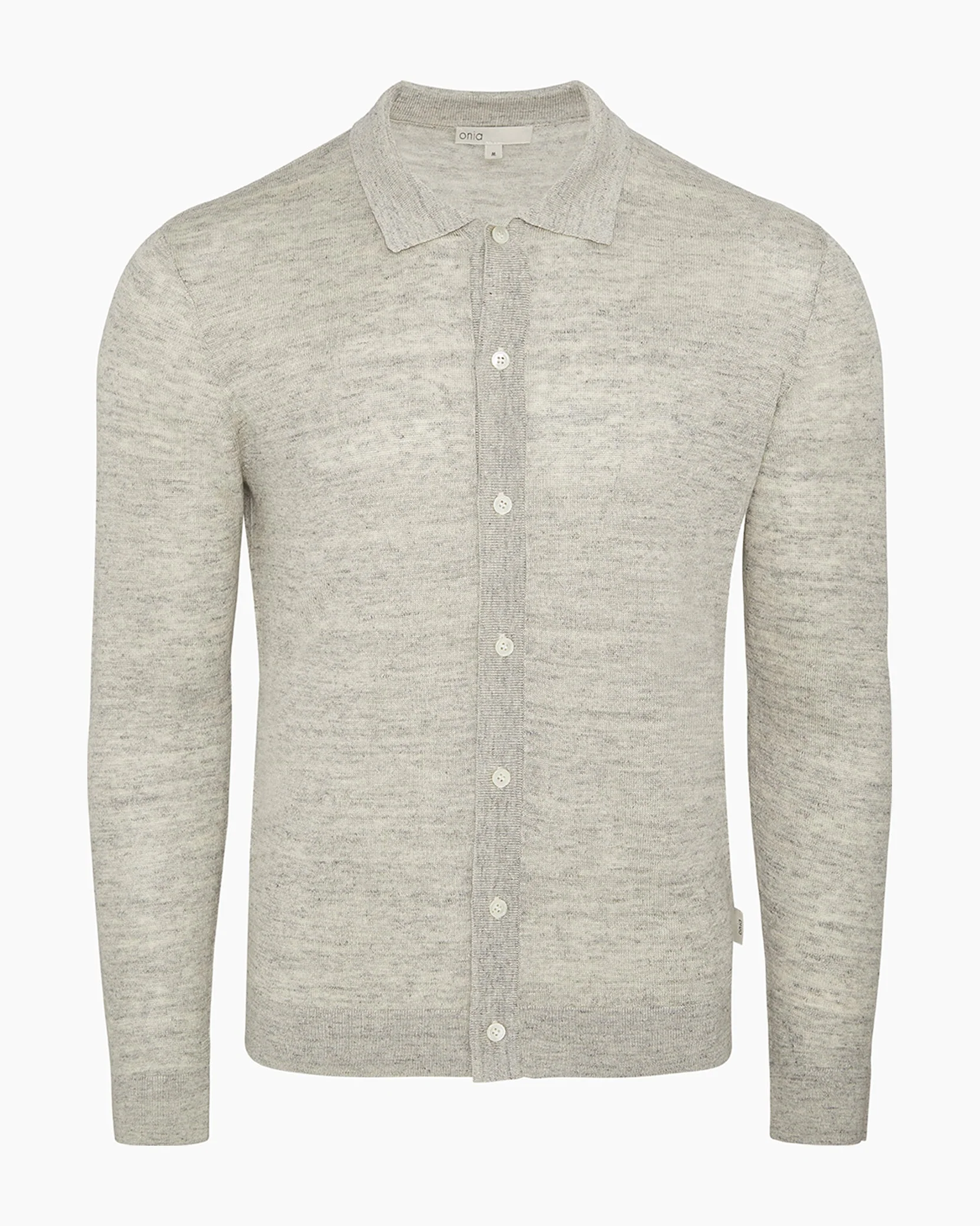 Mens | Linen Long Sleeve Sweater Polo | Light Grey Melange