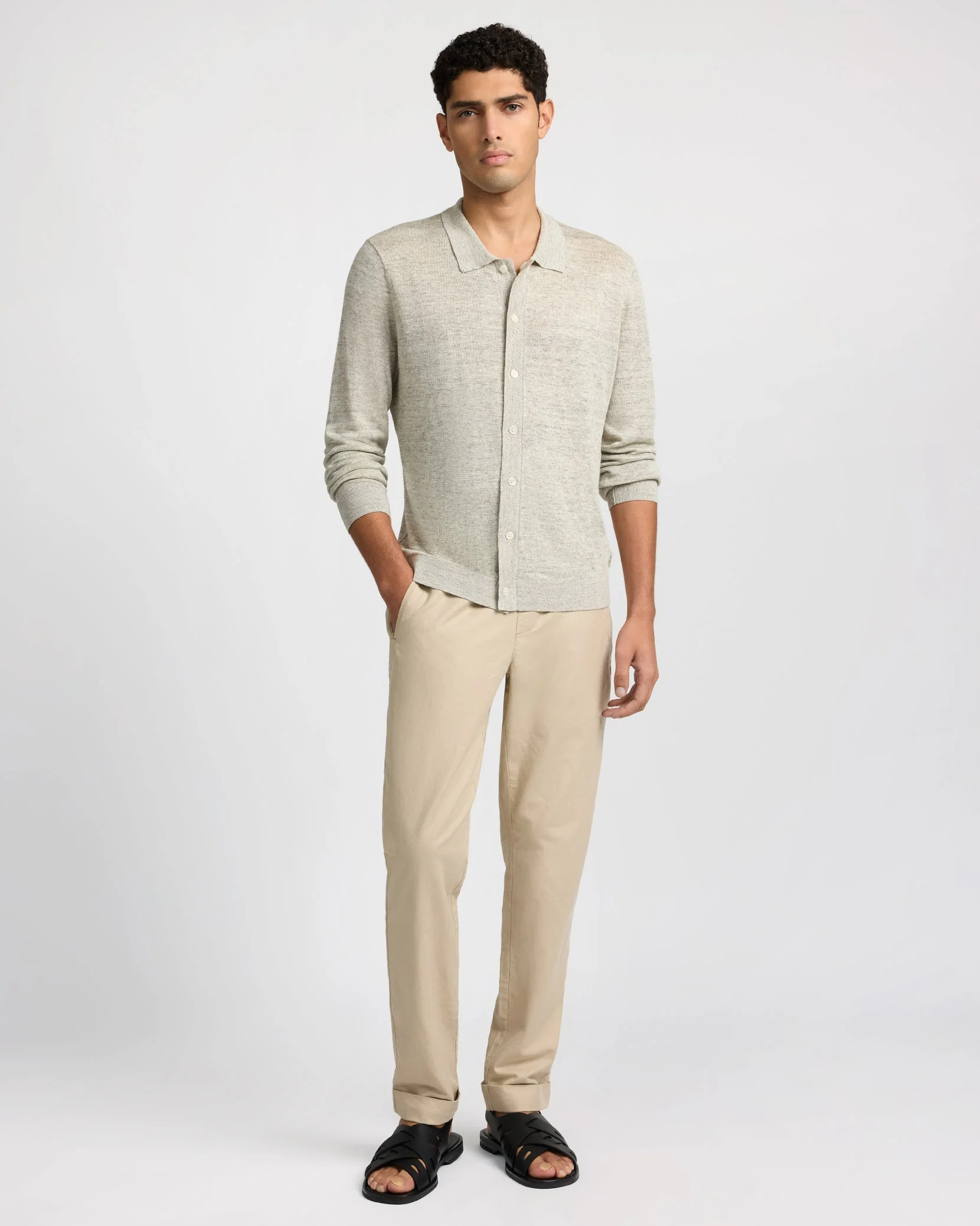 Mens | Linen Long Sleeve Sweater Polo | Light Grey Melange - Image 6