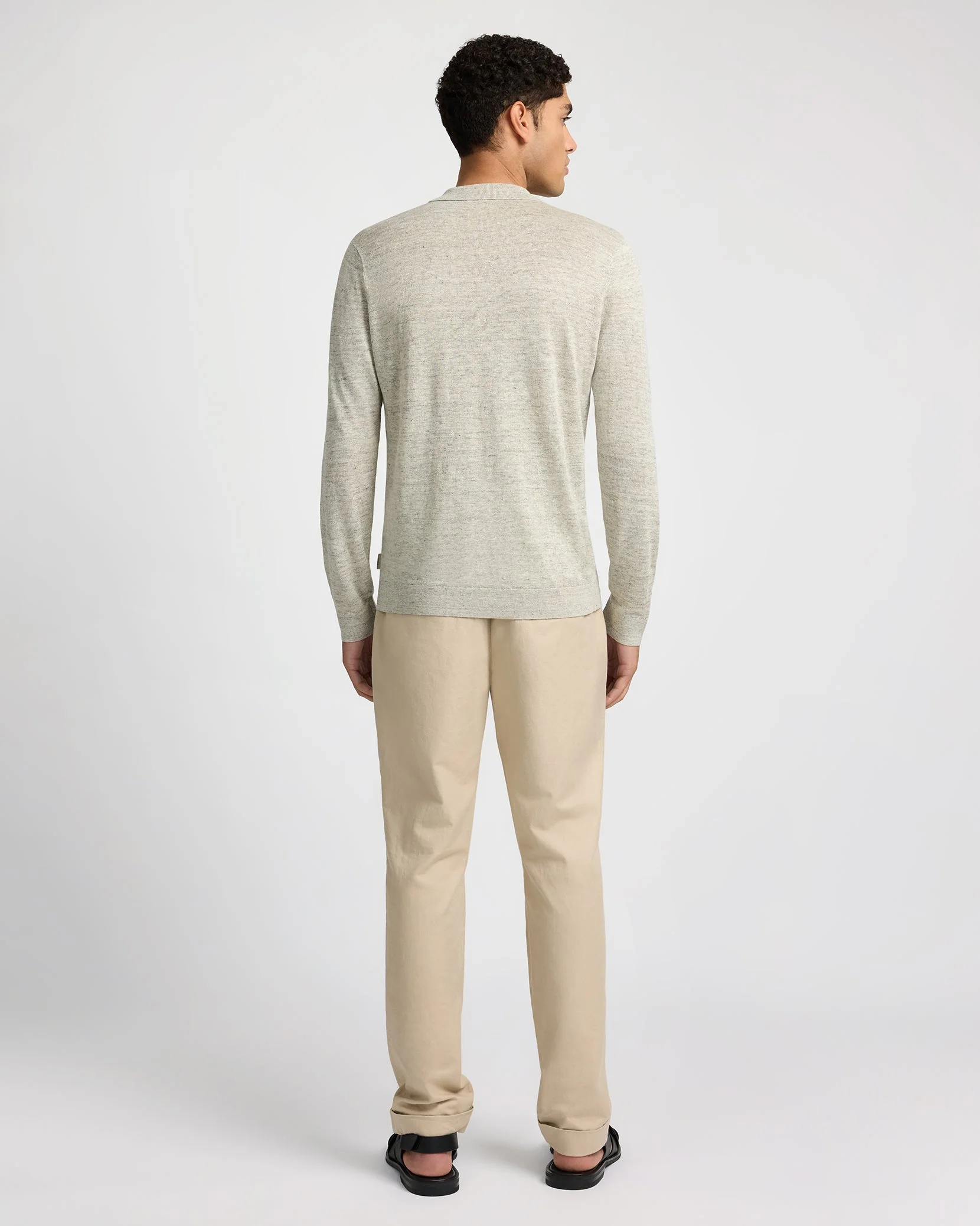 Mens | Linen Long Sleeve Sweater Polo | Light Grey Melange - Image 7