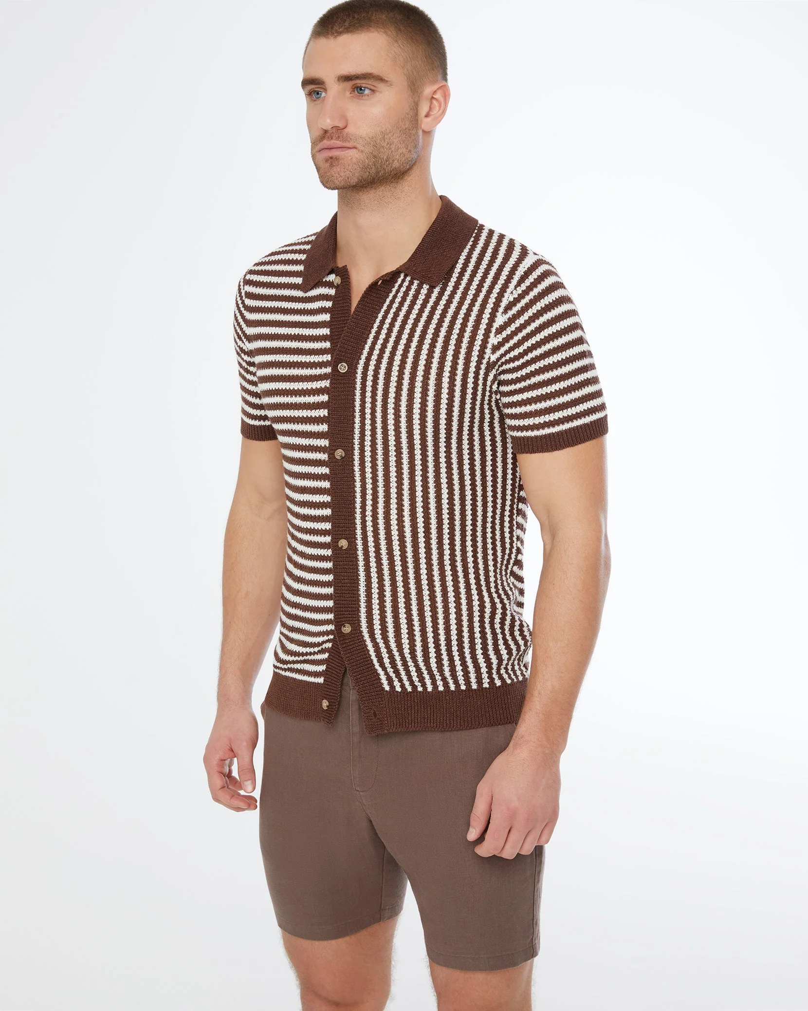 Mens | Linen Short Sleeve Button Up Sweater | Chocolate/White