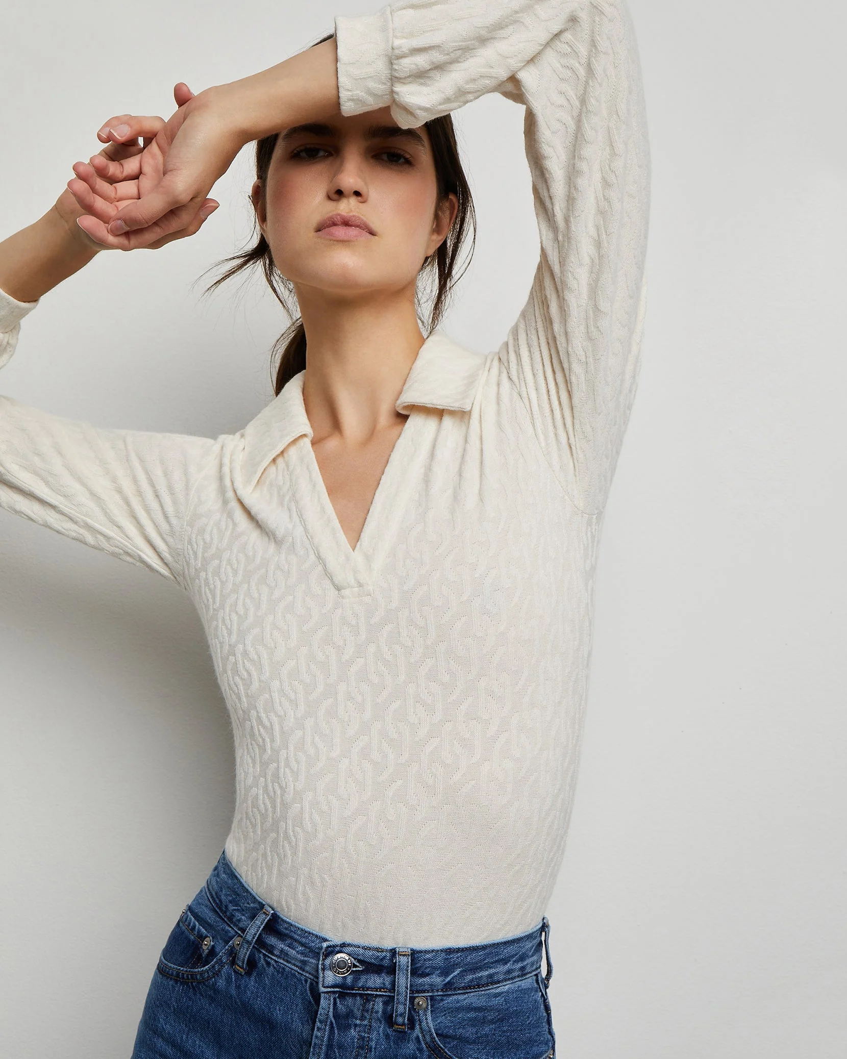 Womens | Long Sleeve Polo Geo Knit Bodysuit | Birch - Image 3