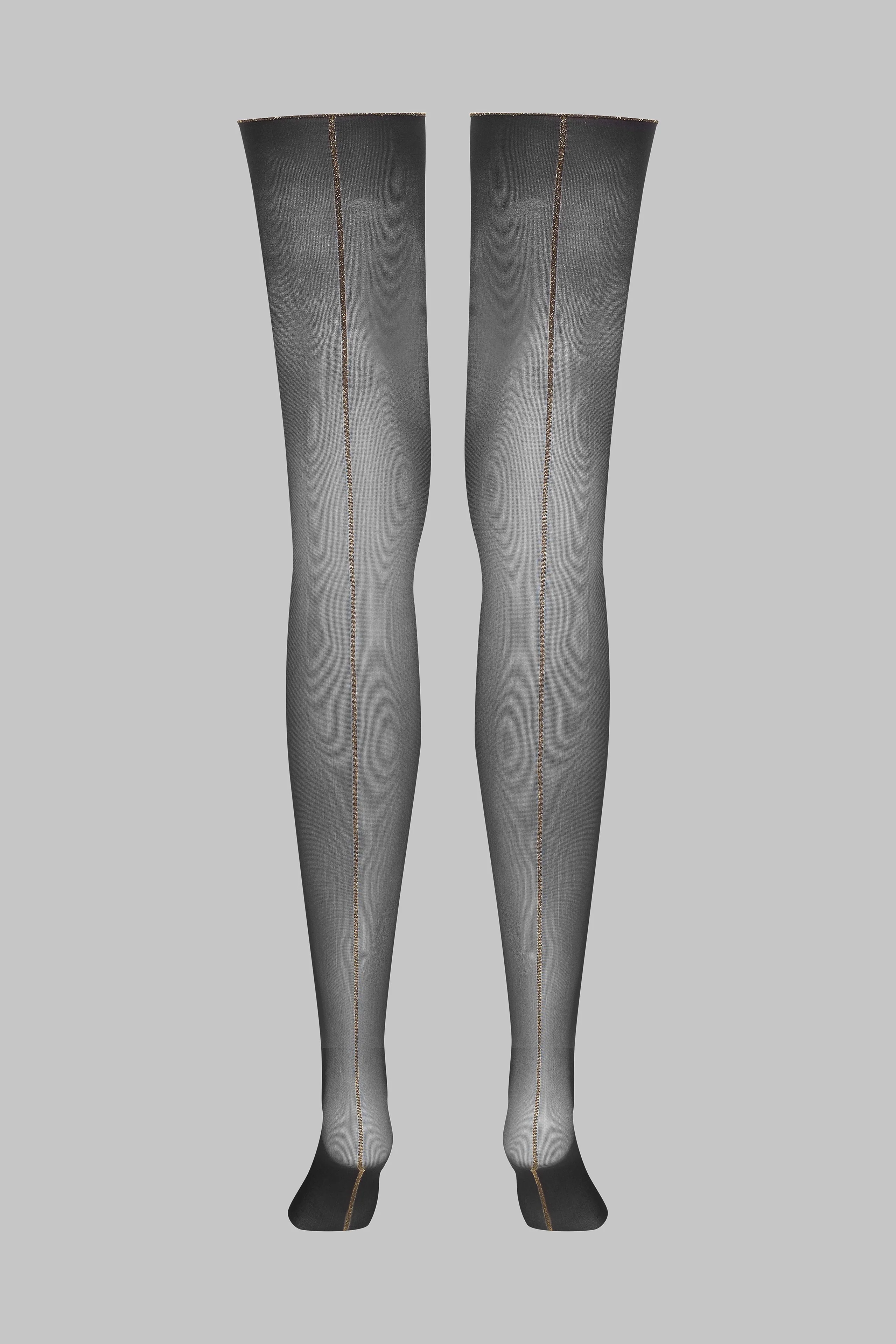 Cut and curled lurex back seamed stockings 20D | Black/Gold - Image 4