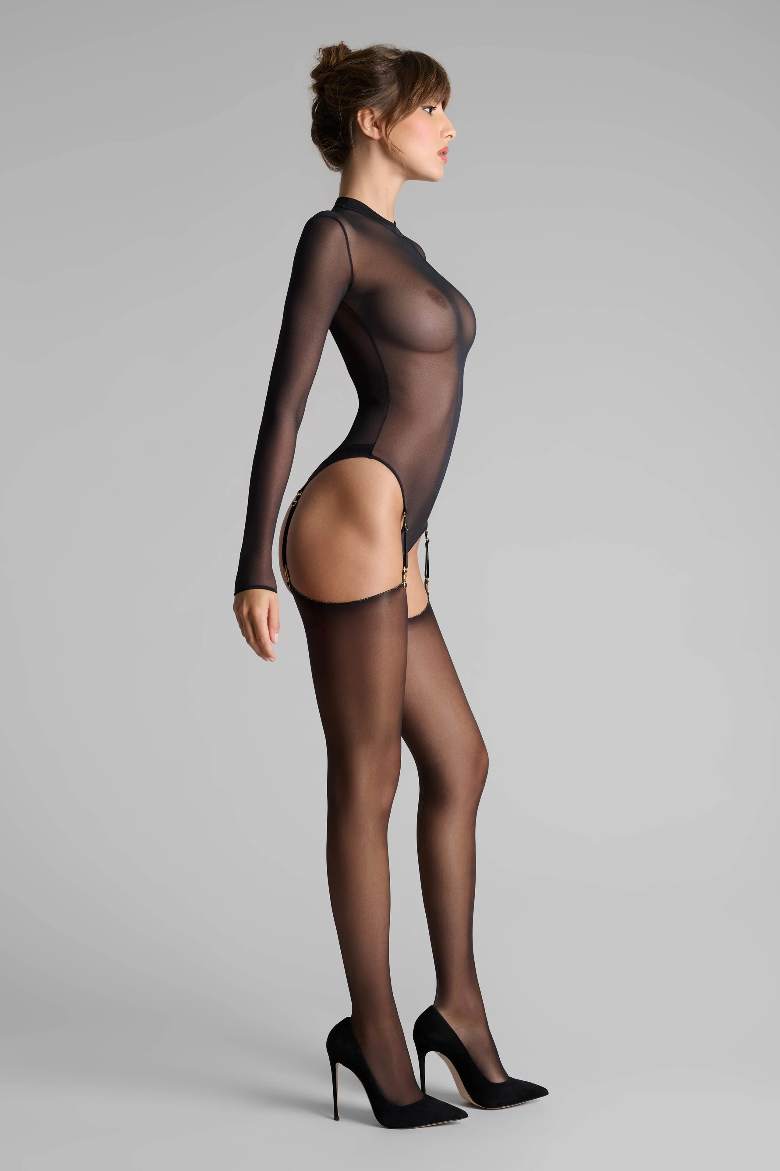 Cut and curled lurex back seamed stockings 20D | Black/Gold - Image 6