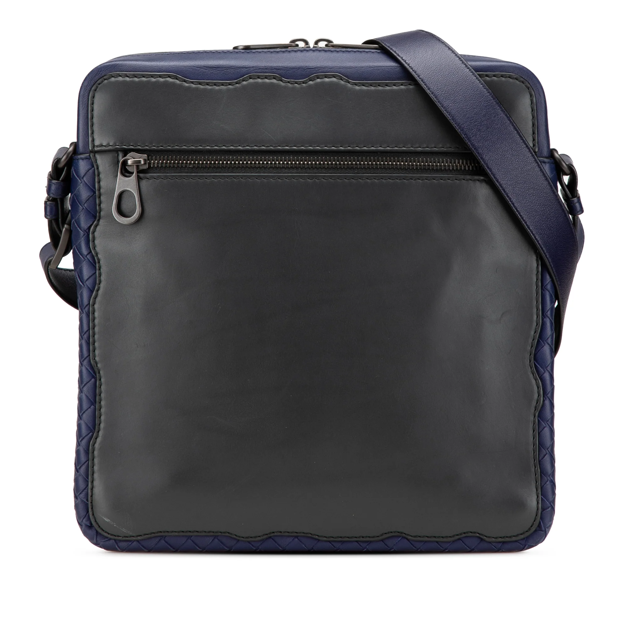 Bottega Veneta | Pre-Owned Intrecciato Trimmed Leather Crossbody | Black/Blue