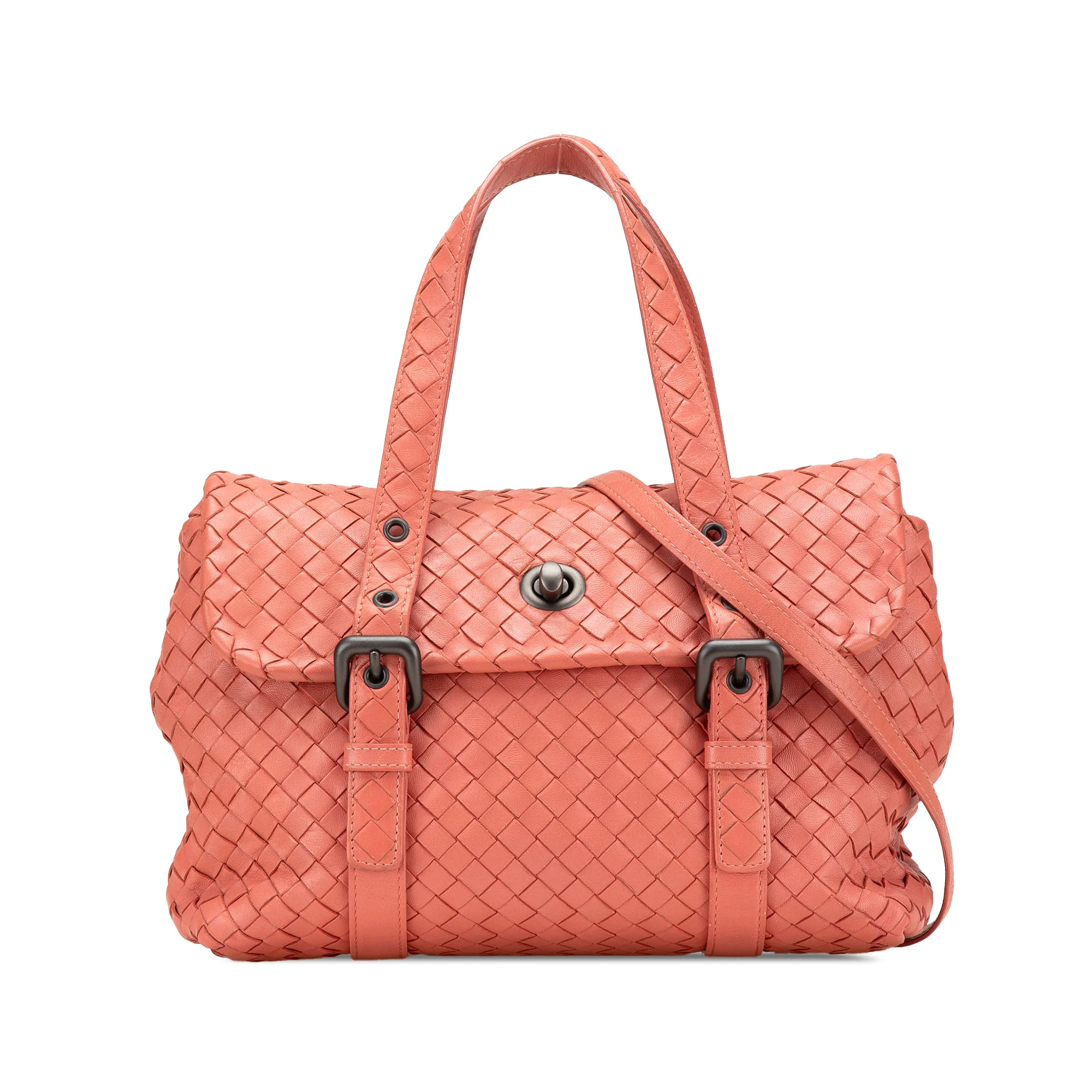 Bottega Veneta | Pre-Owned Leather Intrecciato Flap Satchel | Orange/Peach
