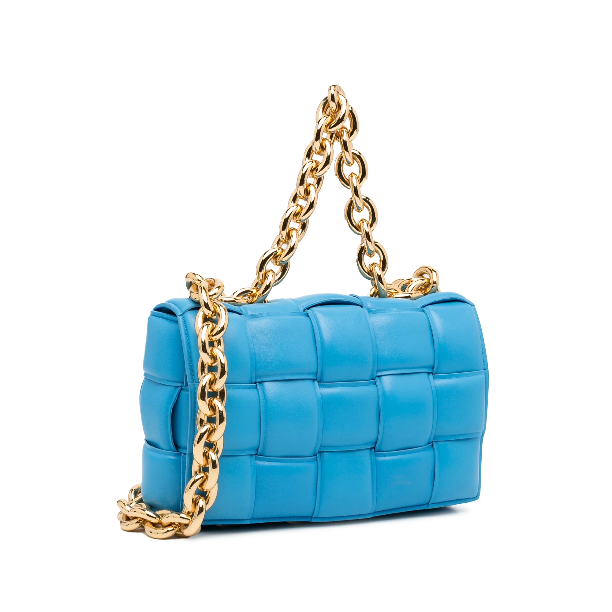 Bottega Veneta | Pre-Owned Nappa Intrecciato Padded Chain Cassette Satchel | Blue/Light Blue - Image 4