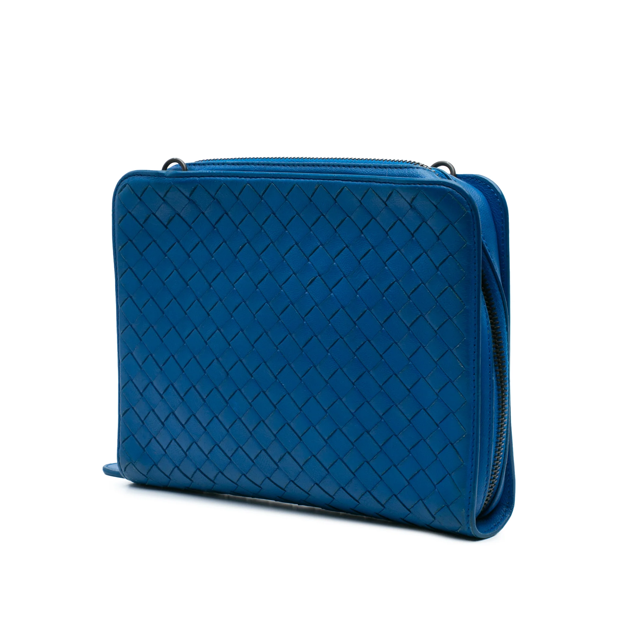 Bottega Veneta | Pre-Owned Nappa Intrecciato Zip Around Wallet On Chain | Blue - Image 2