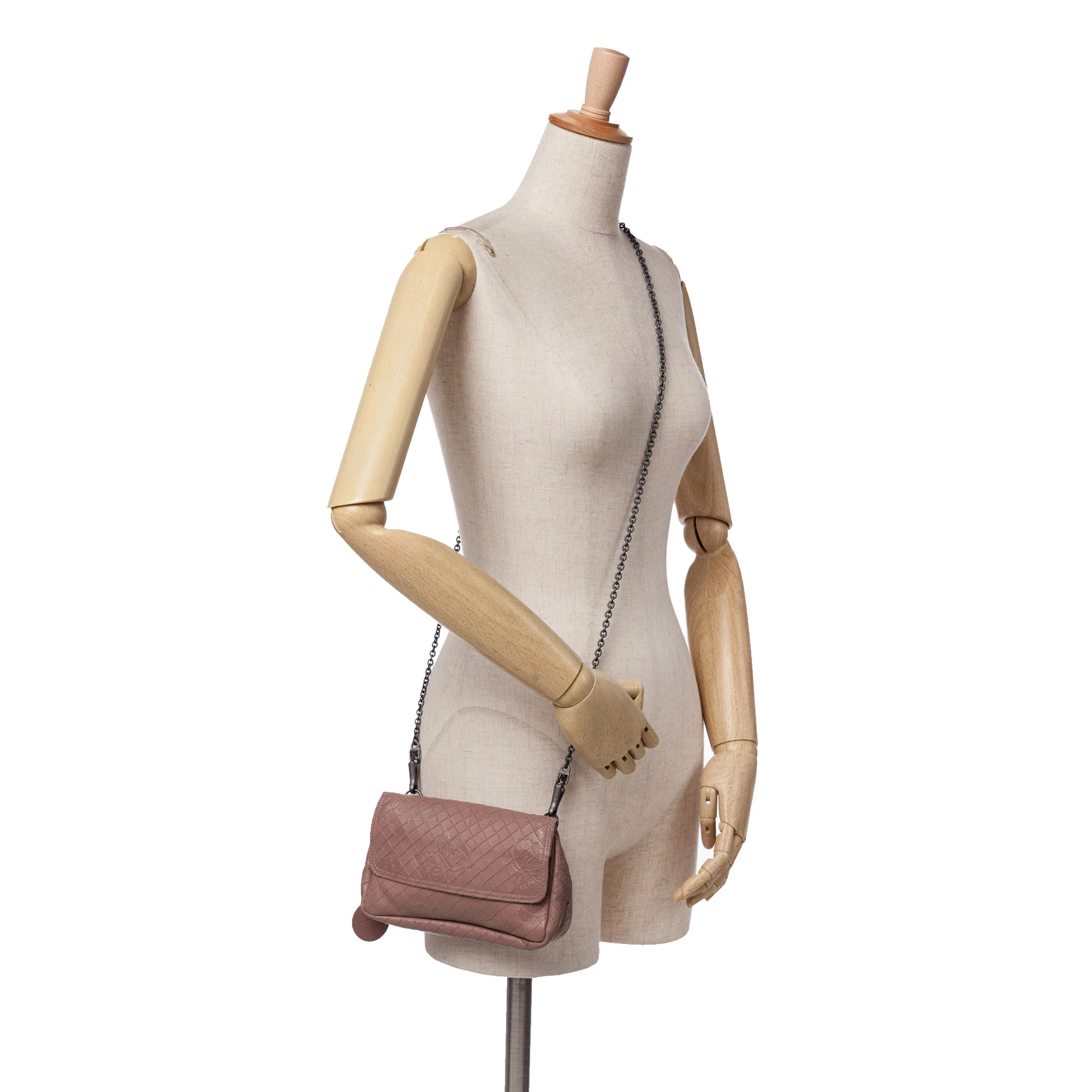 Bottega Veneta | Pre-Owned Small Calfskin Intrecciomirage Embossed Butterfly Chain Crossbody | Pink/Rose Gold - Image 4