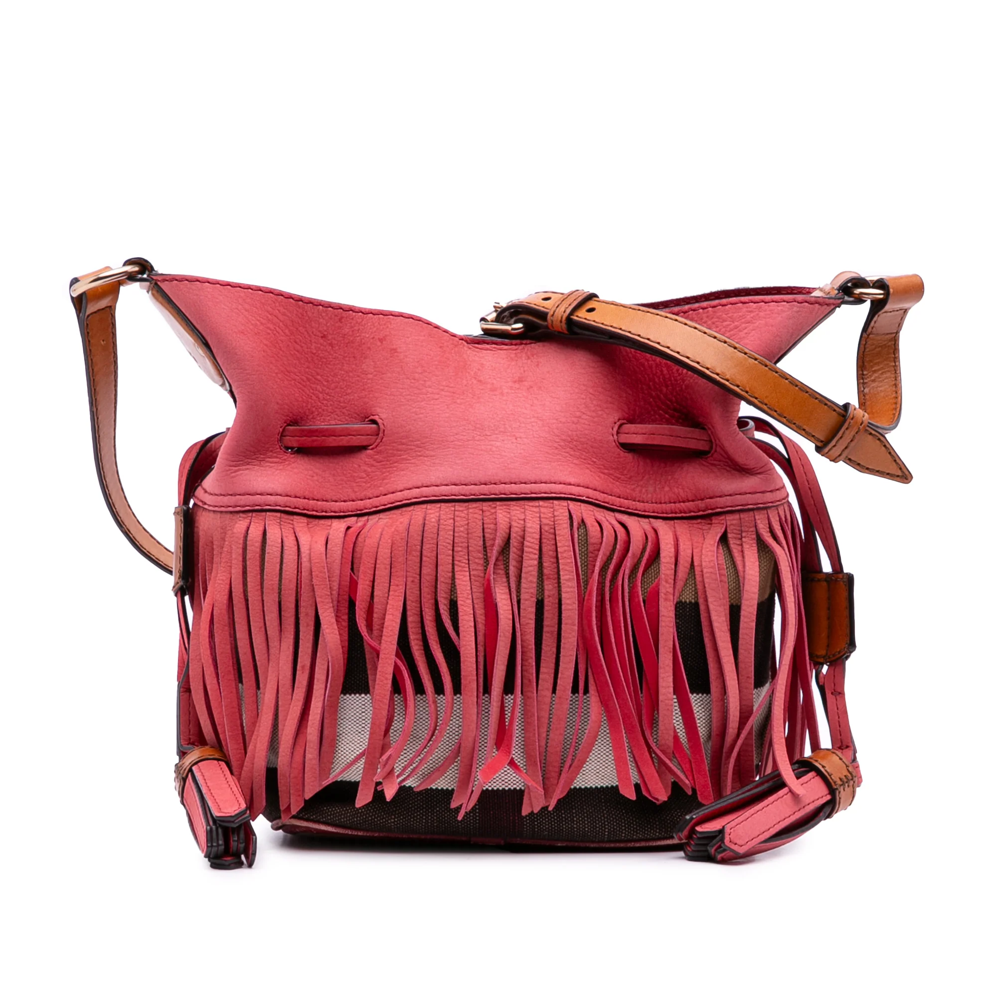 Burberry | Pre-Owned Small Mega Check Canvas and Suede Fringe Belgrove Bucket Bag | Red